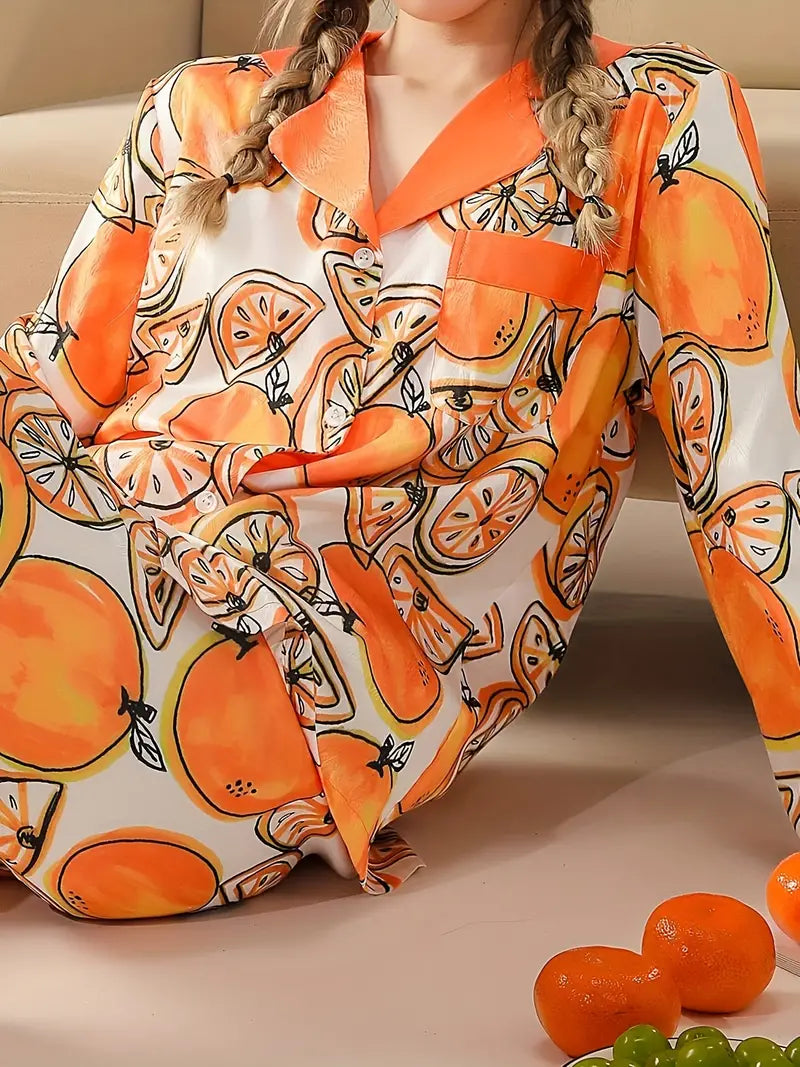 Orange Print Pajama Set, Long Sleeve Lapel Top & Pants Marquisa Store