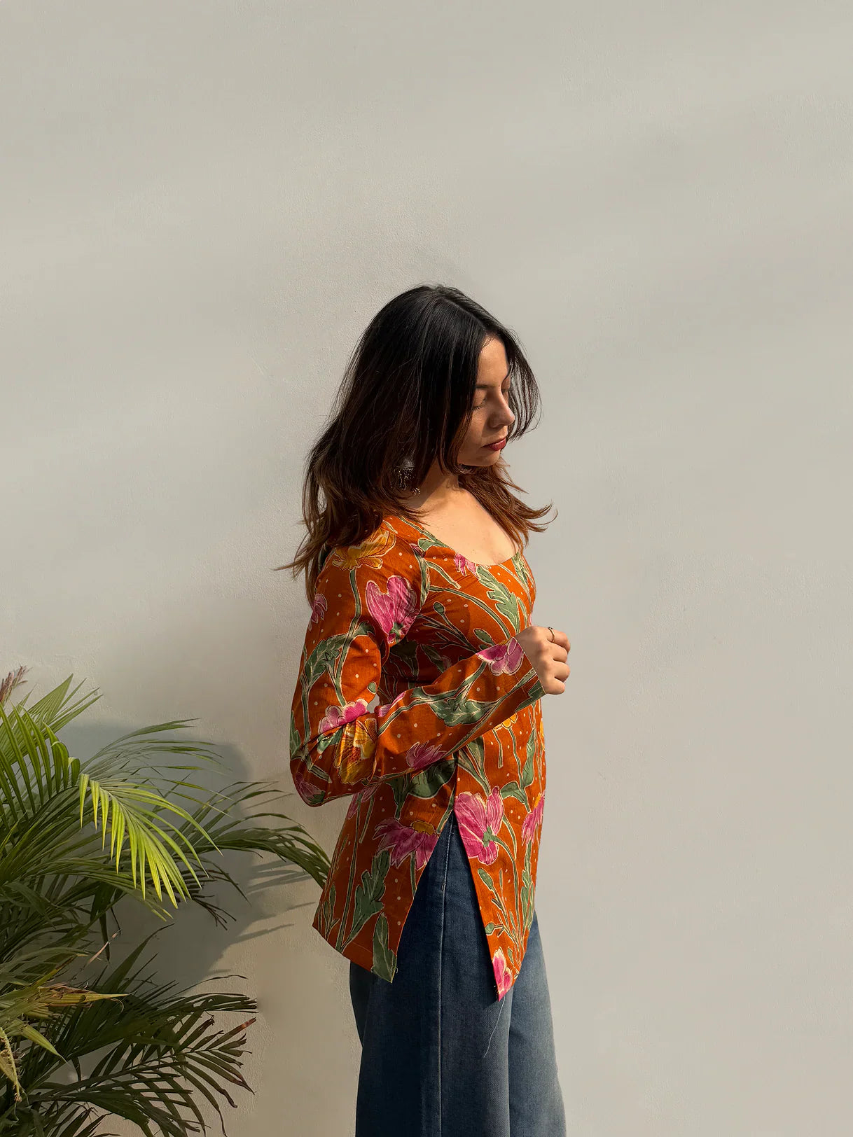women Orange blush flower short kurti