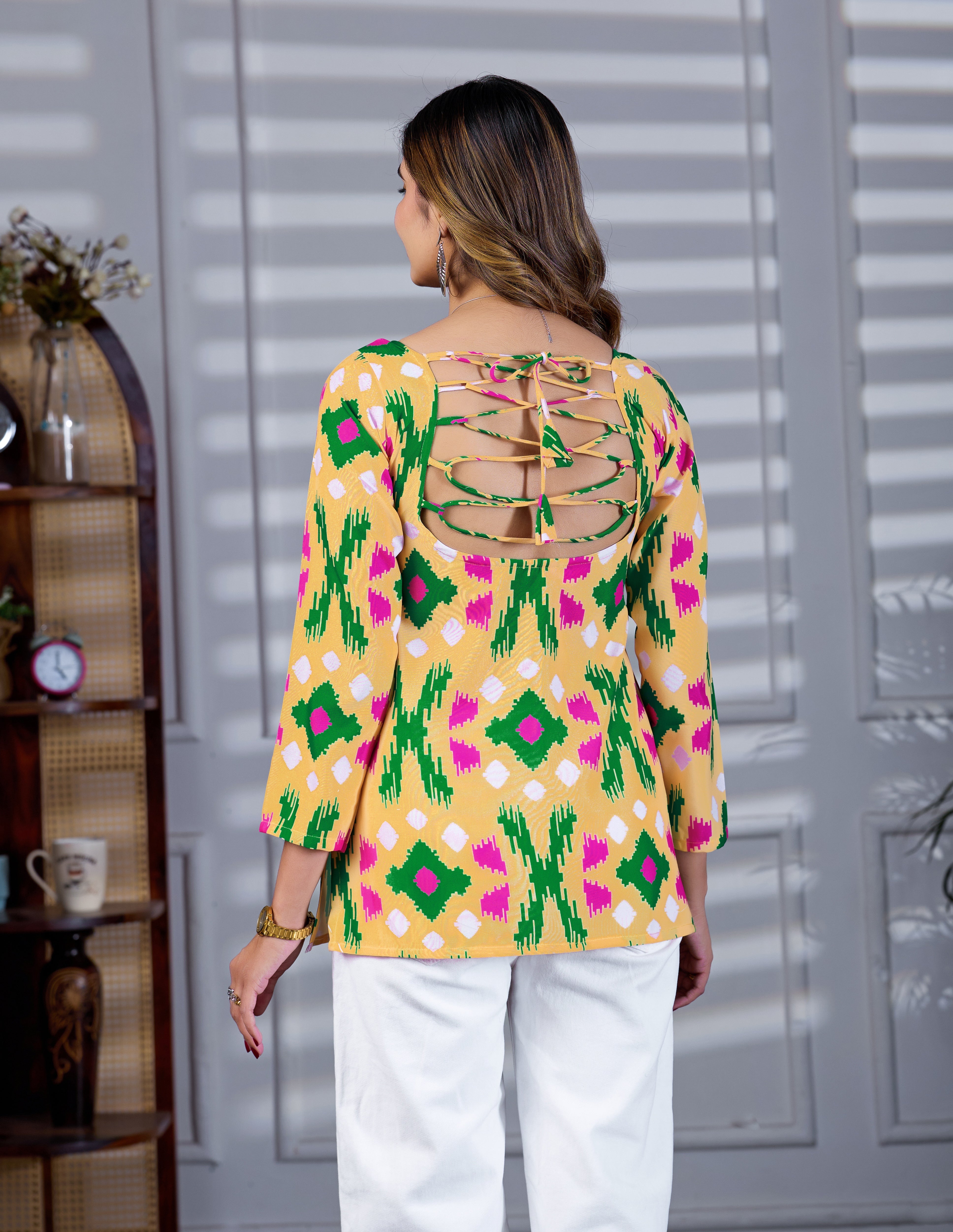 Square Neck Yellow Printed Tunic