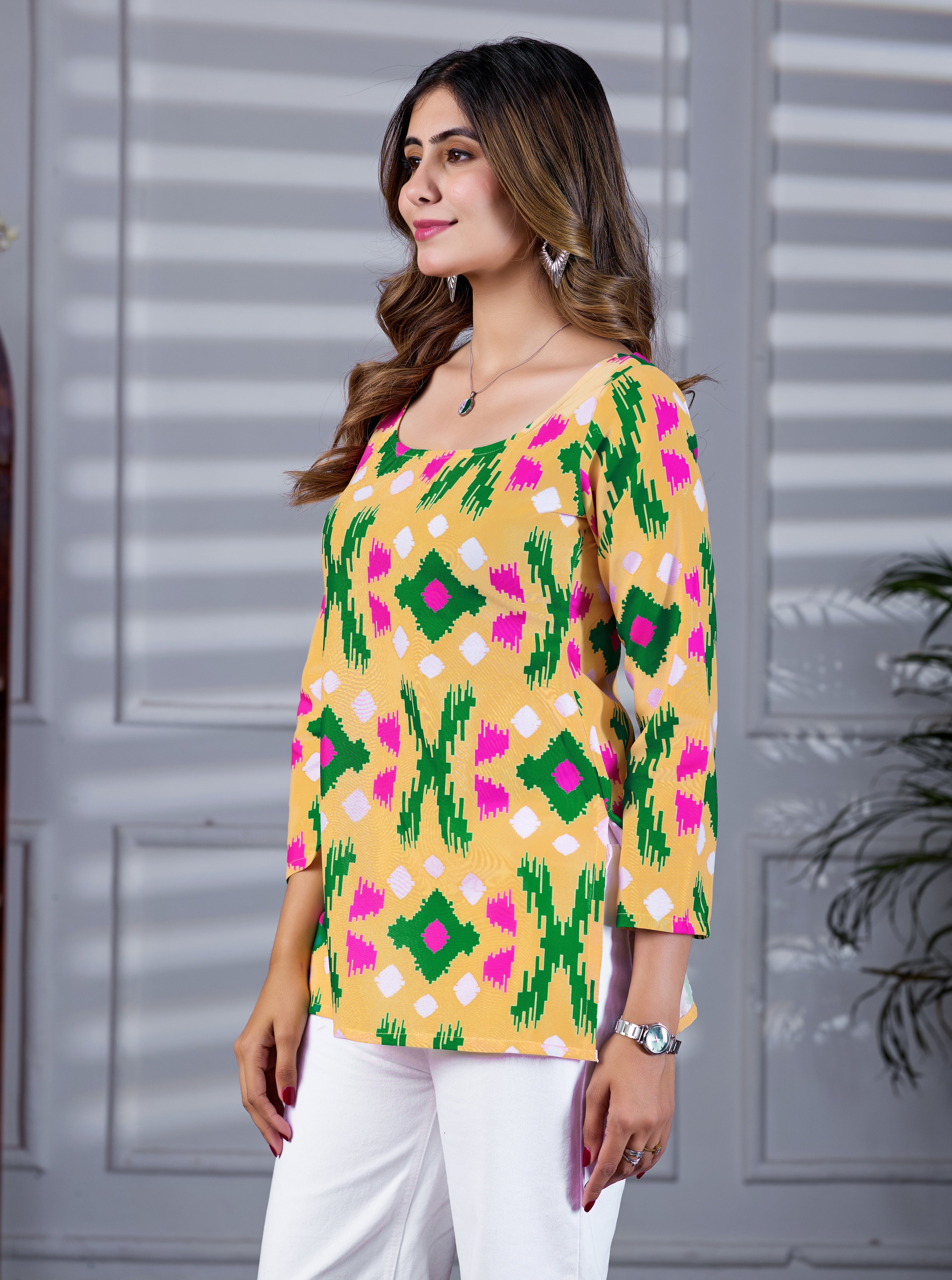 Square Neck Yellow Printed Tunic