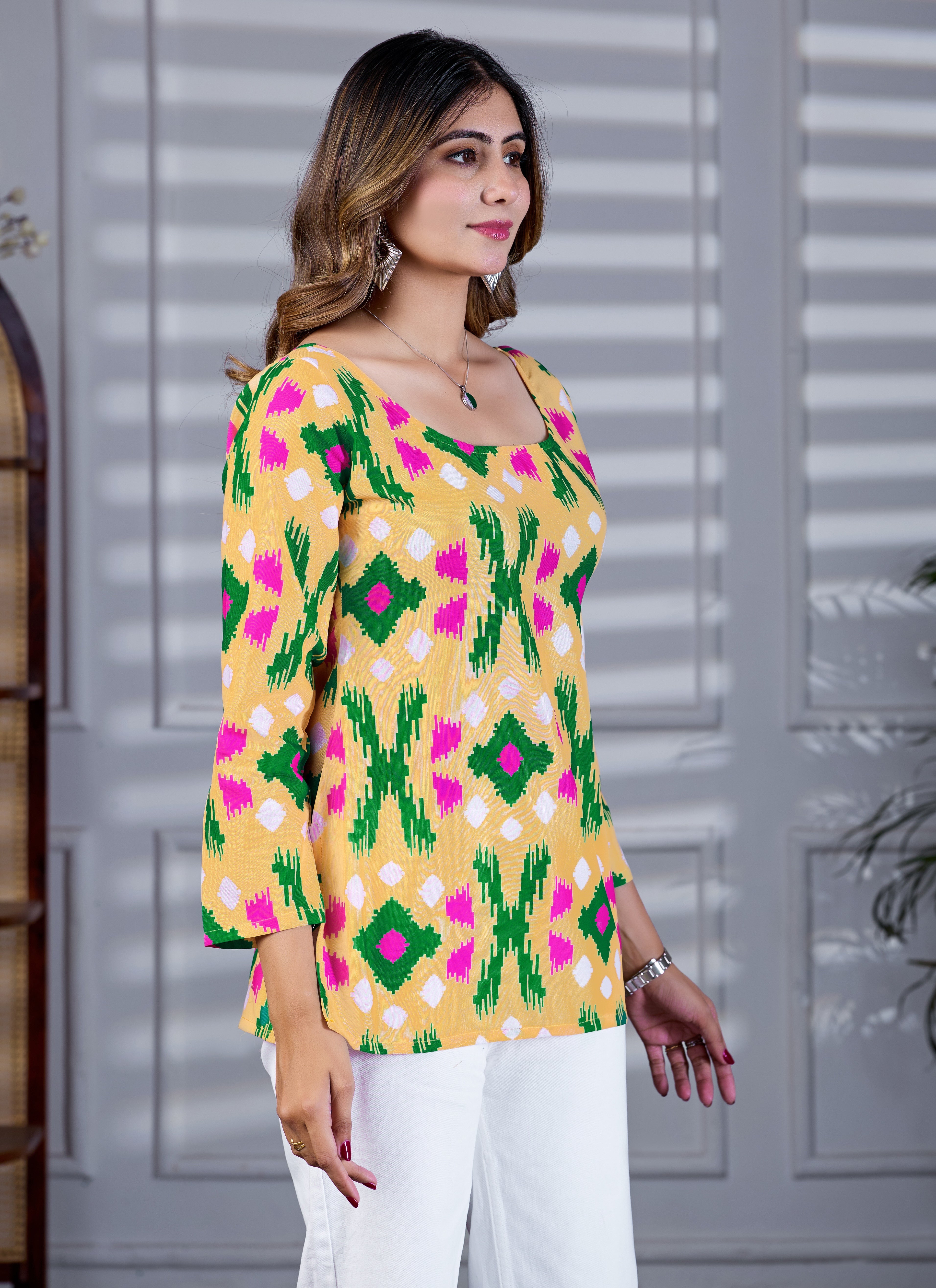 Square Neck Yellow Printed Tunic