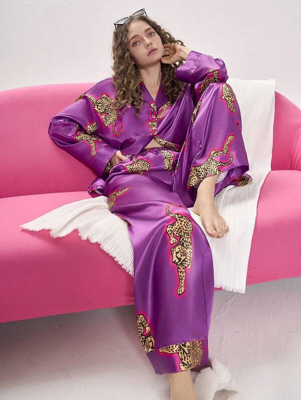 Chillnights Women Leopard Print Satin Pajama Set