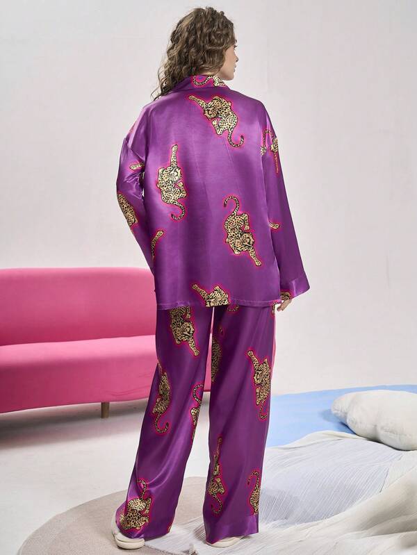 Chillnights Women Leopard Print Satin Pajama Set