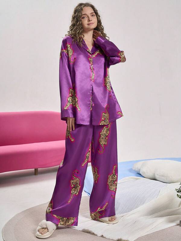 Chillnights Women Leopard Print Satin Pajama Set