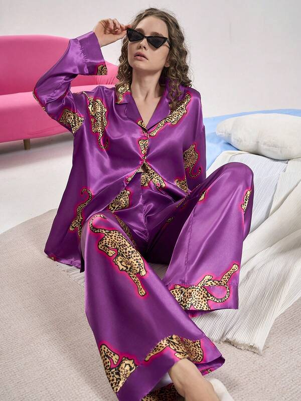 Chillnights Women Leopard Print Satin Pajama Set