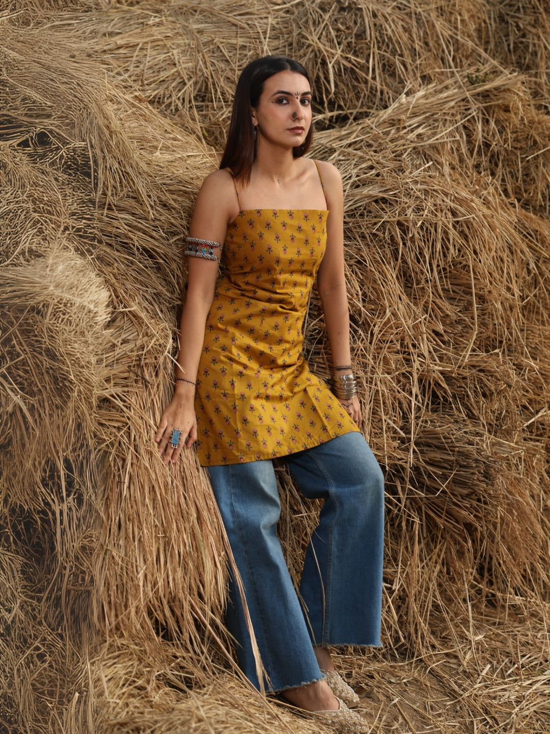 Mustard  Noodle Strap Corset Kurti NISHORAMA