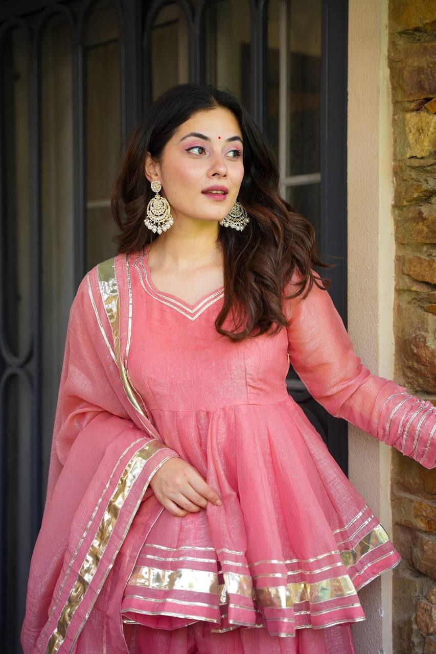 Women Gotta Patti Detail Long Sleeve A-Line Kurti Set With Dupatta