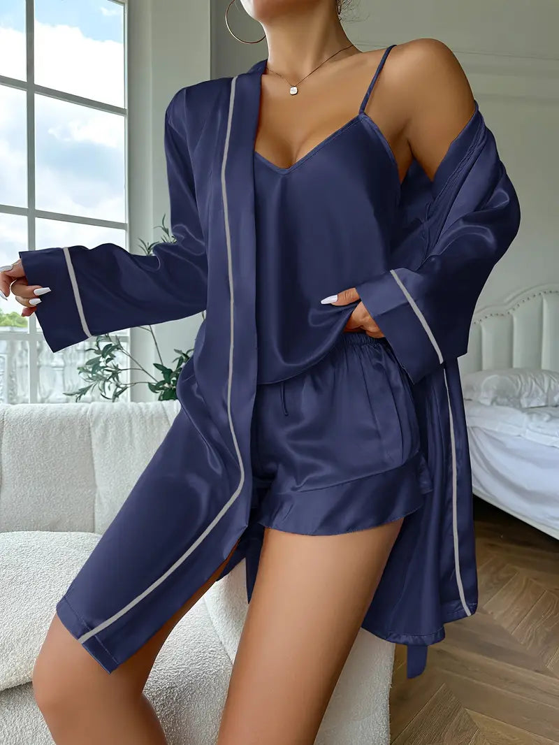 Long Sleeve Belted Robe & pajama - Top & Shorts Sleep set 3pcs