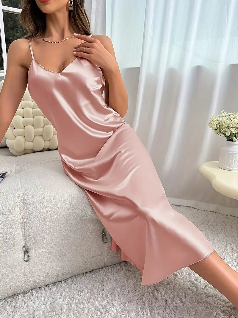 Satin silk V Neck Long Sleep Dress