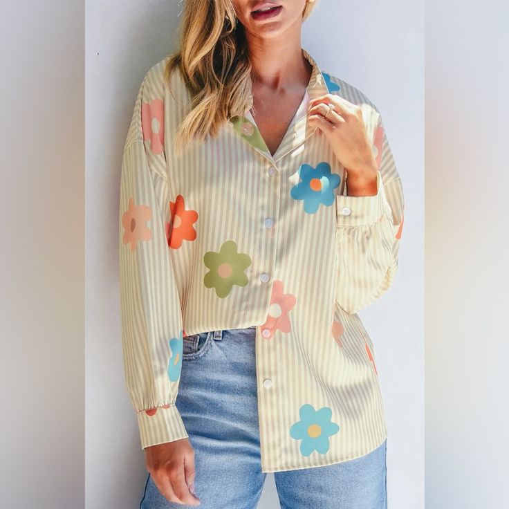 Apricot Stripe Flower Print Collared Button-up Loose Fit Shirt