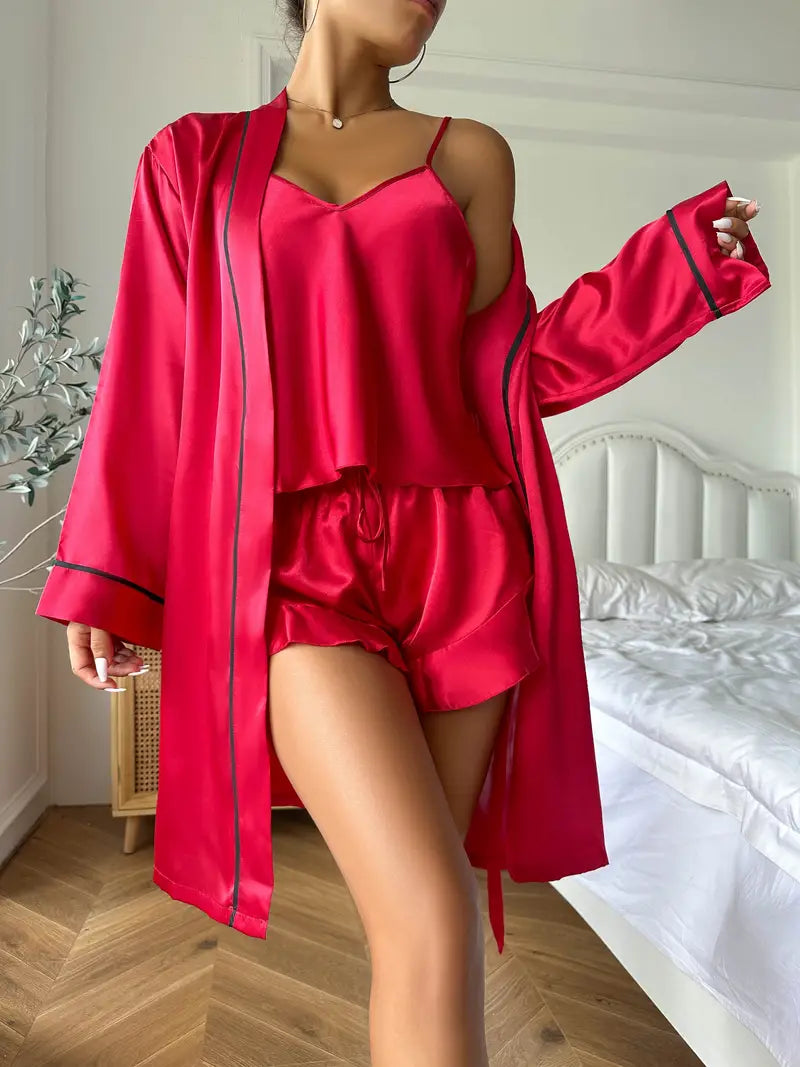 Long Sleeve Belted Robe & pajama - Top & Shorts Sleep set 3pcs