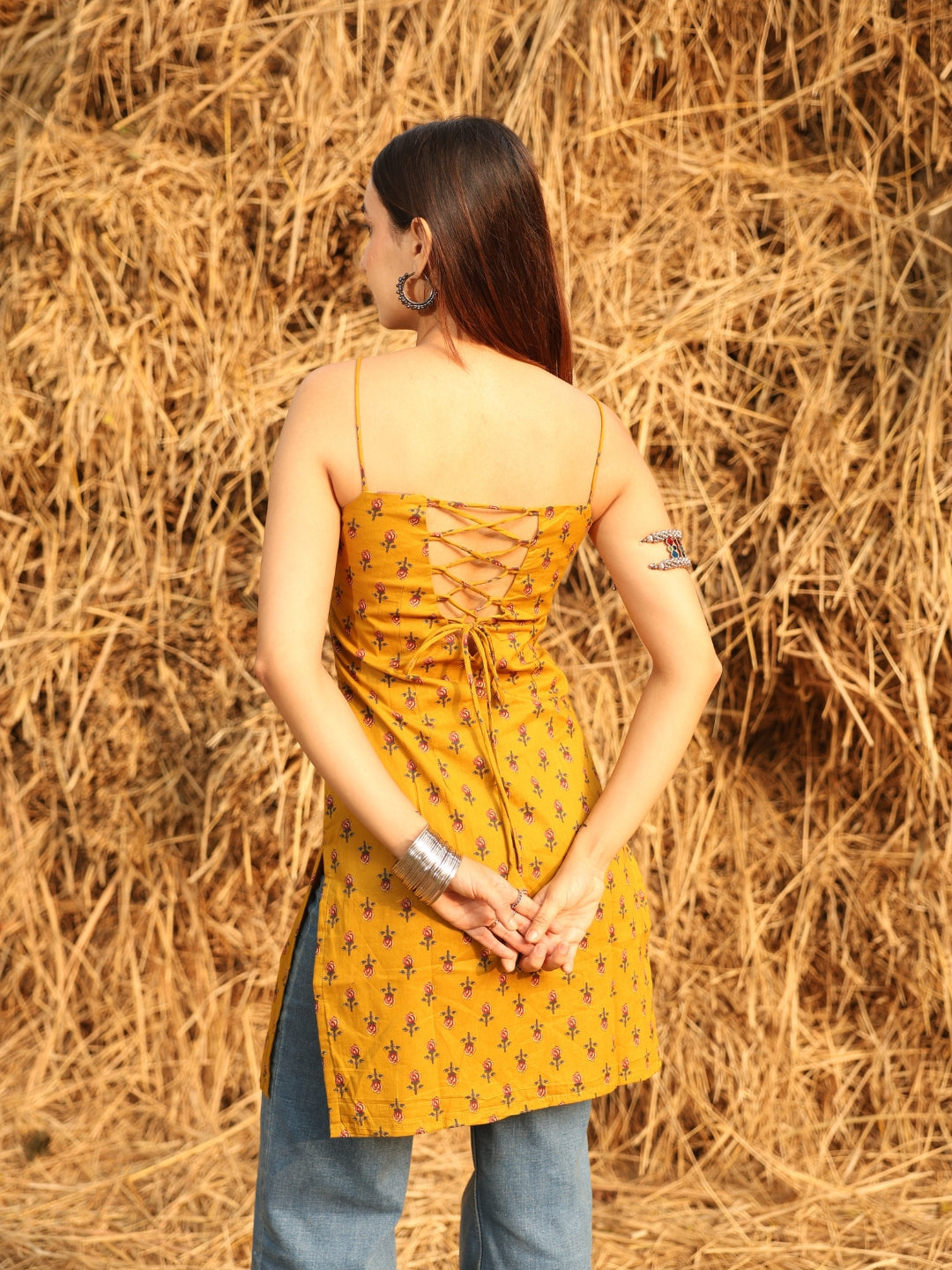 Mustard  Noodle Strap Corset Kurti NISHORAMA