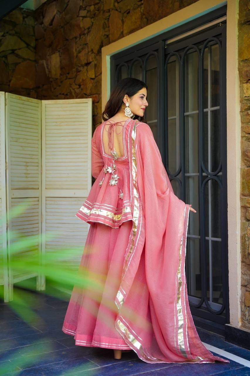 Women Gotta Patti Detail Long Sleeve A-Line Kurti Set With Dupatta
