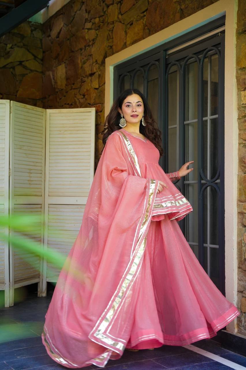 Women Gotta Patti Detail Long Sleeve A-Line Kurti Set With Dupatta