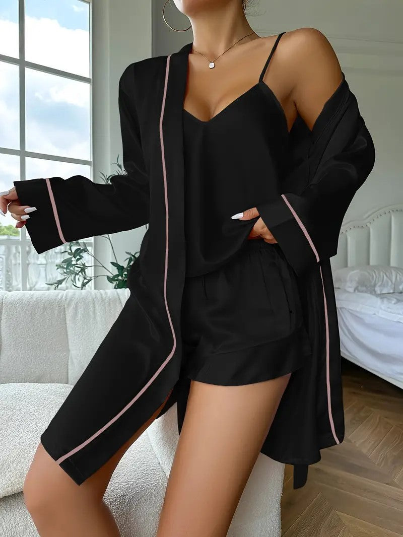 Long Sleeve Belted Robe & pajama set- 3pcs