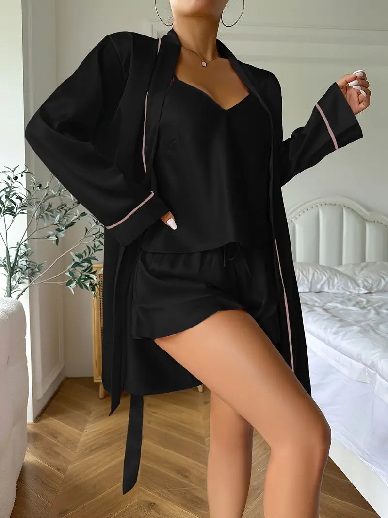 Long Sleeve Belted Robe & Pajama - Top & Shorts Sleep set 3pcs