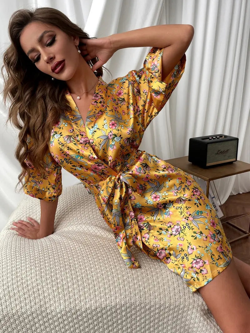 Satin Floral Print Short Sleeve Belted House Robes