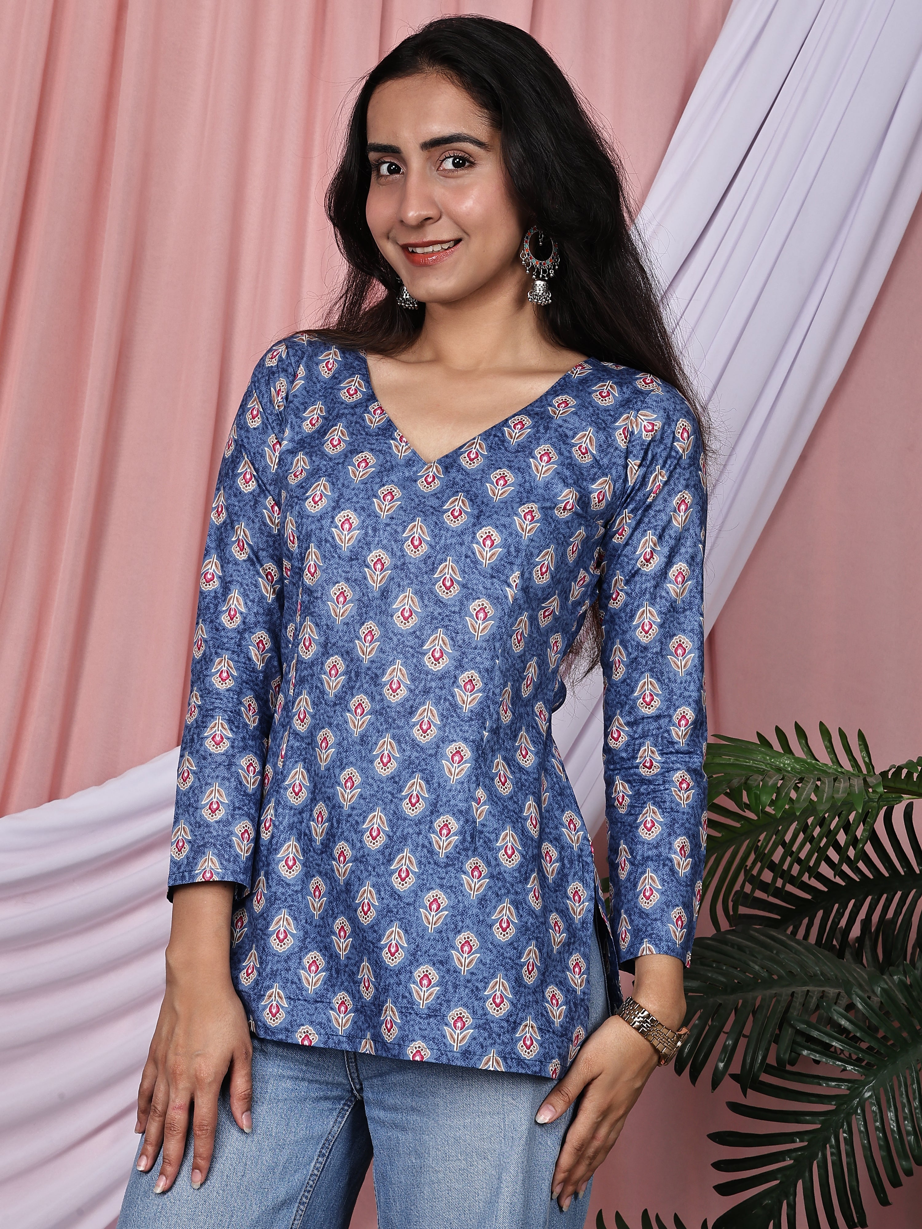 Indigo Blue &amp; Maroon Floral Printed Pure Cotton Tunic