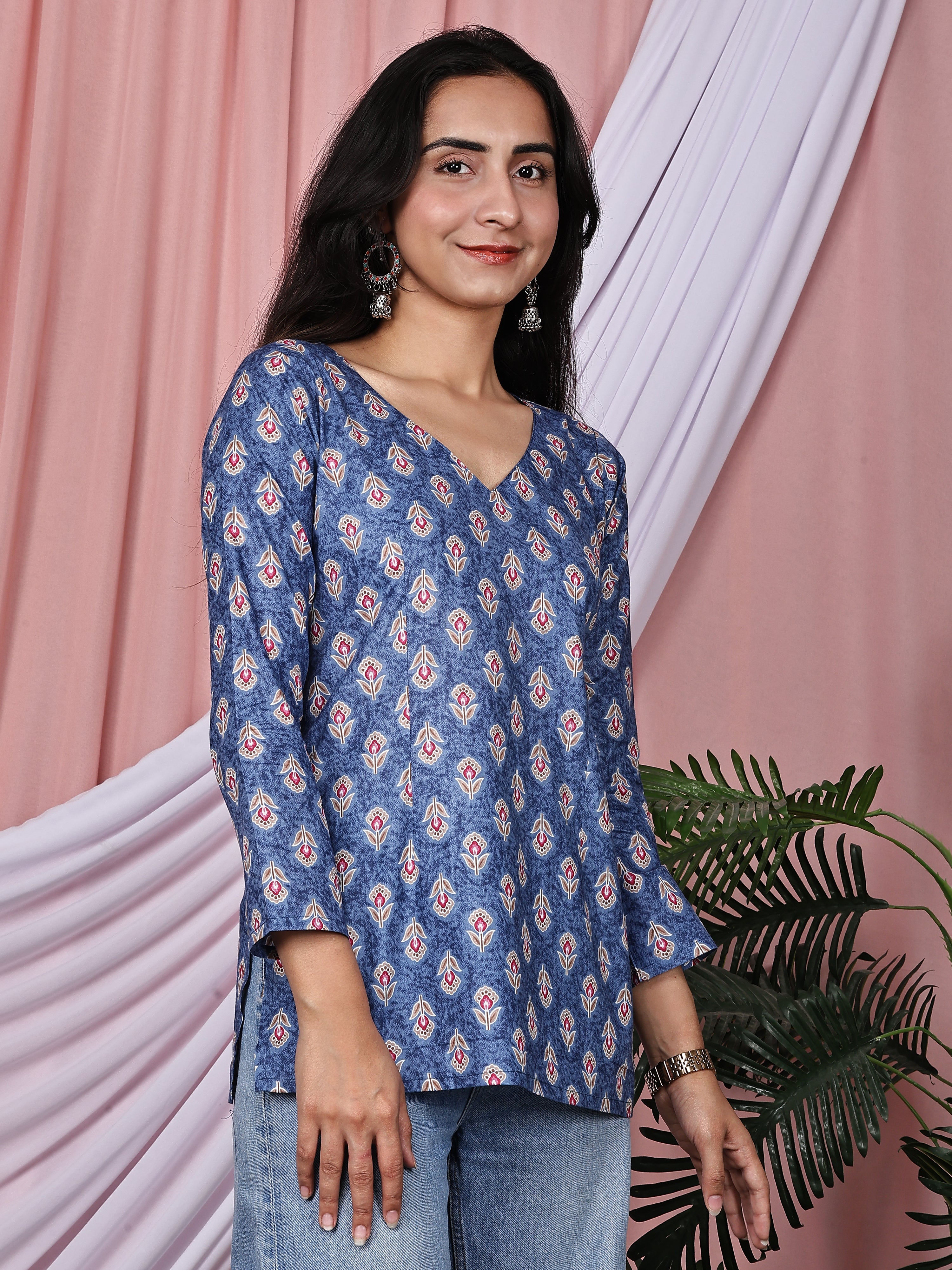 Indigo Blue &amp; Maroon Floral Printed Pure Cotton Tunic
