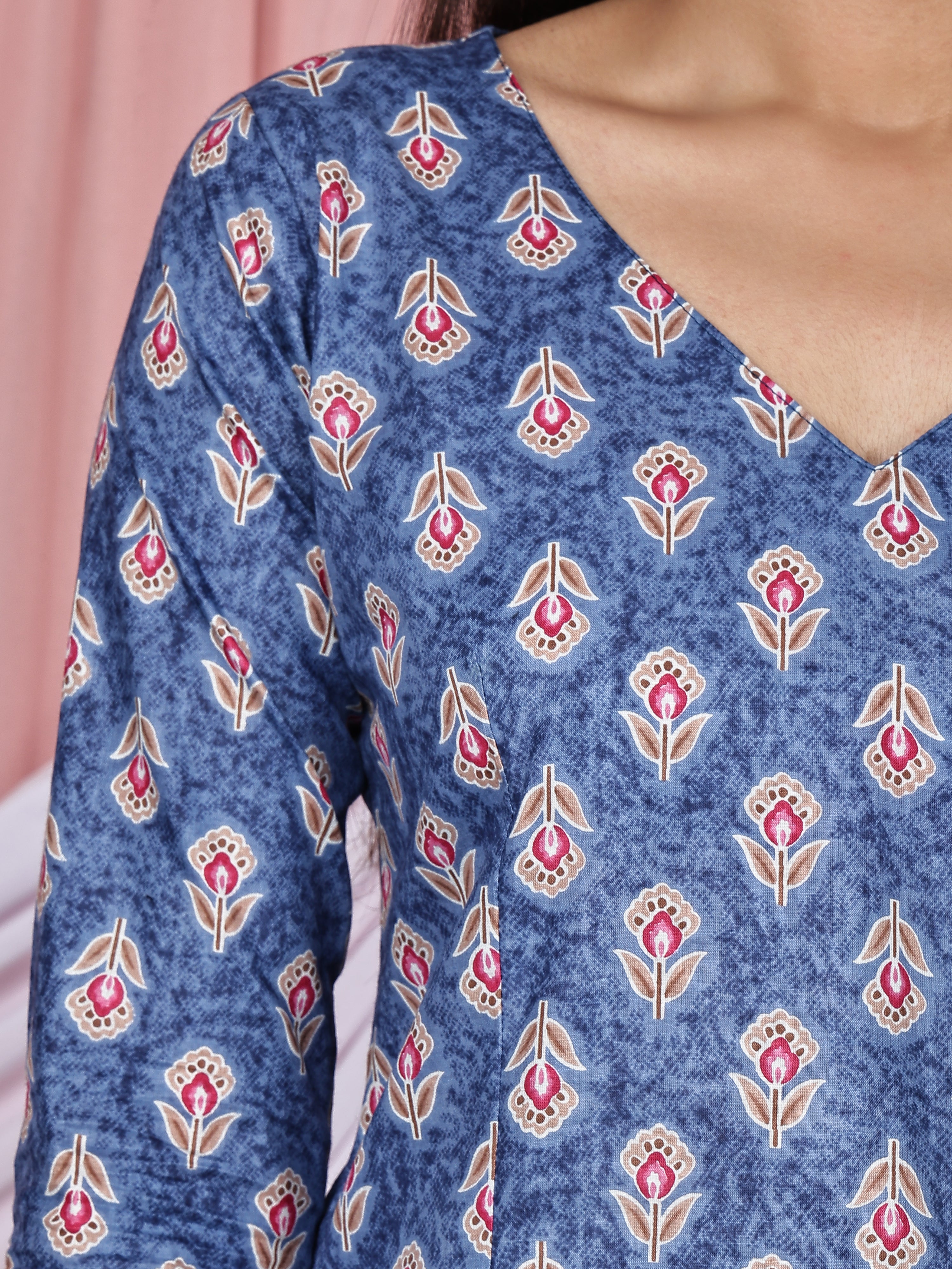 Indigo Blue &amp; Maroon Floral Printed Pure Cotton Tunic