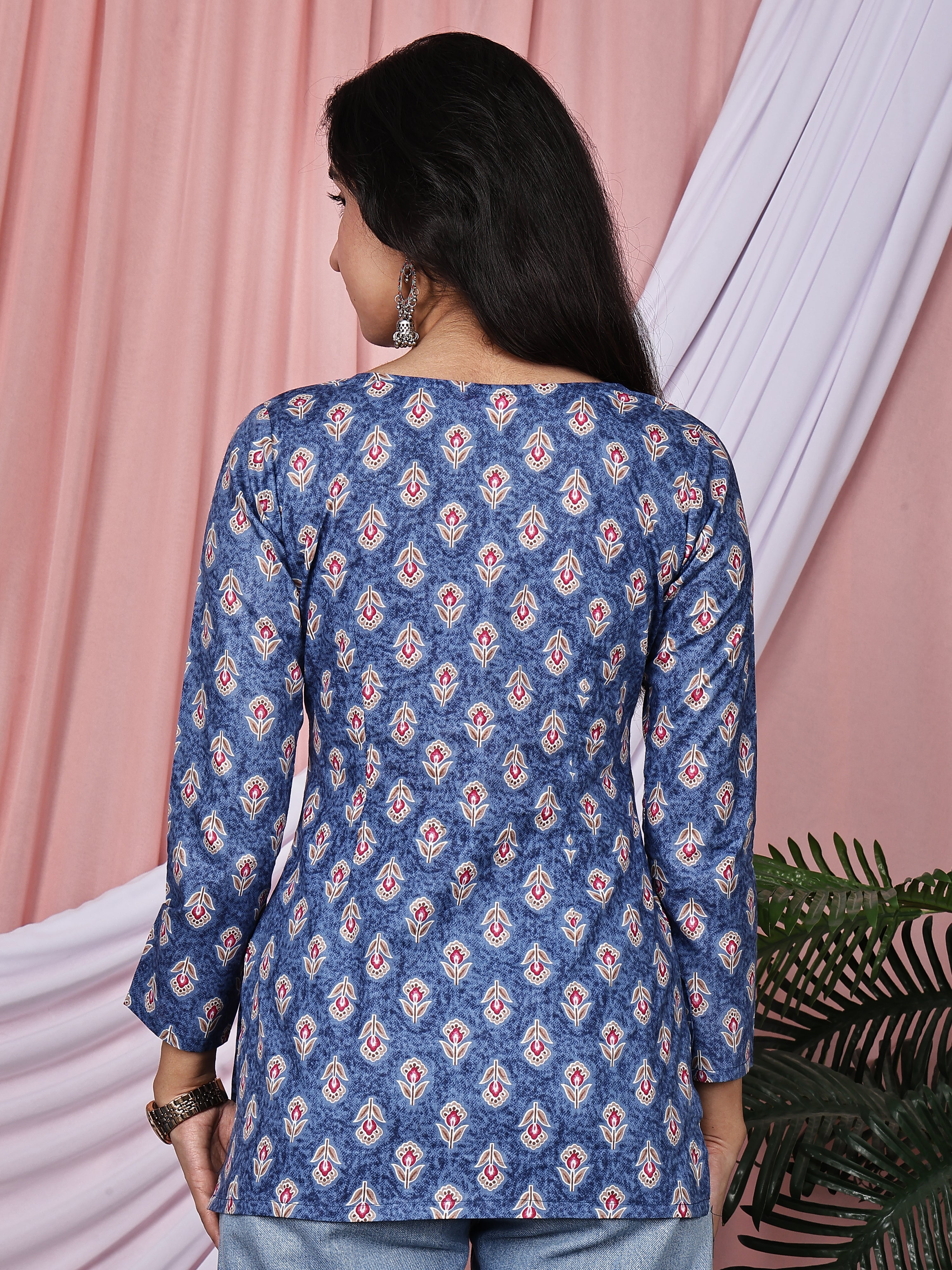 Indigo Blue &amp; Maroon Floral Printed Pure Cotton Tunic