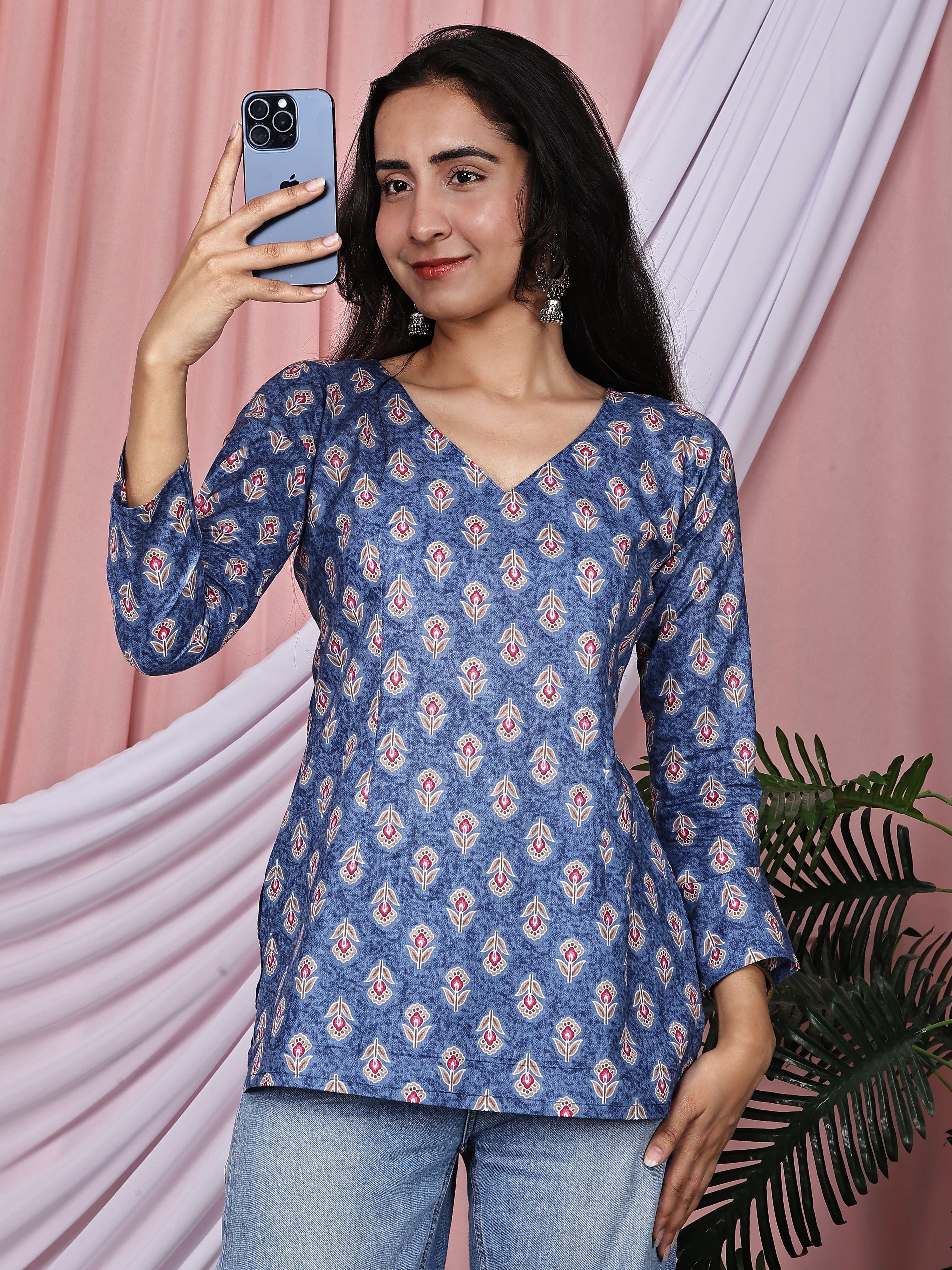 Indigo Blue &amp; Maroon Floral Printed Pure Cotton Tunic