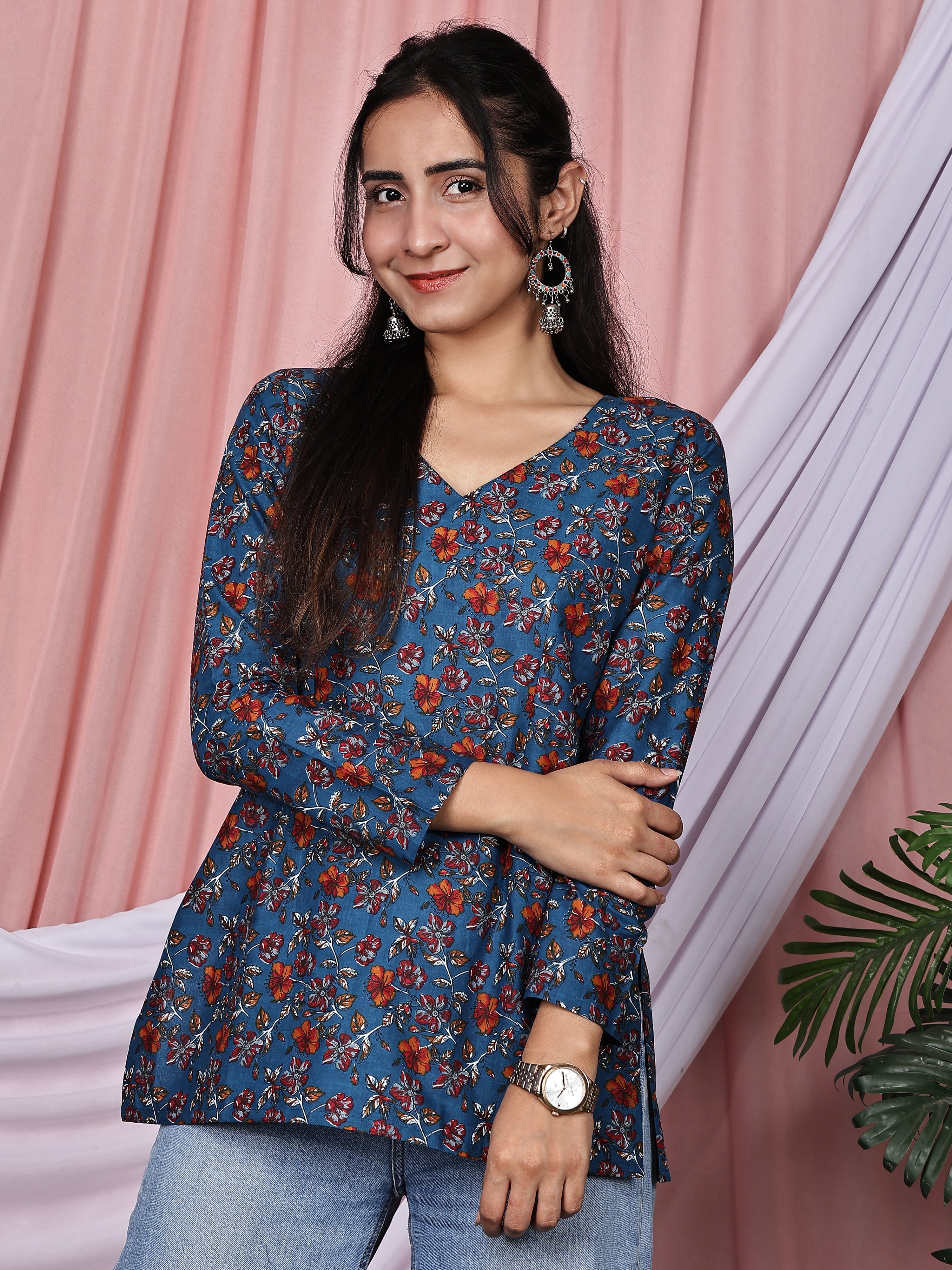 Blue & Rust Orange Floral Printed Pure Cotton Tunic