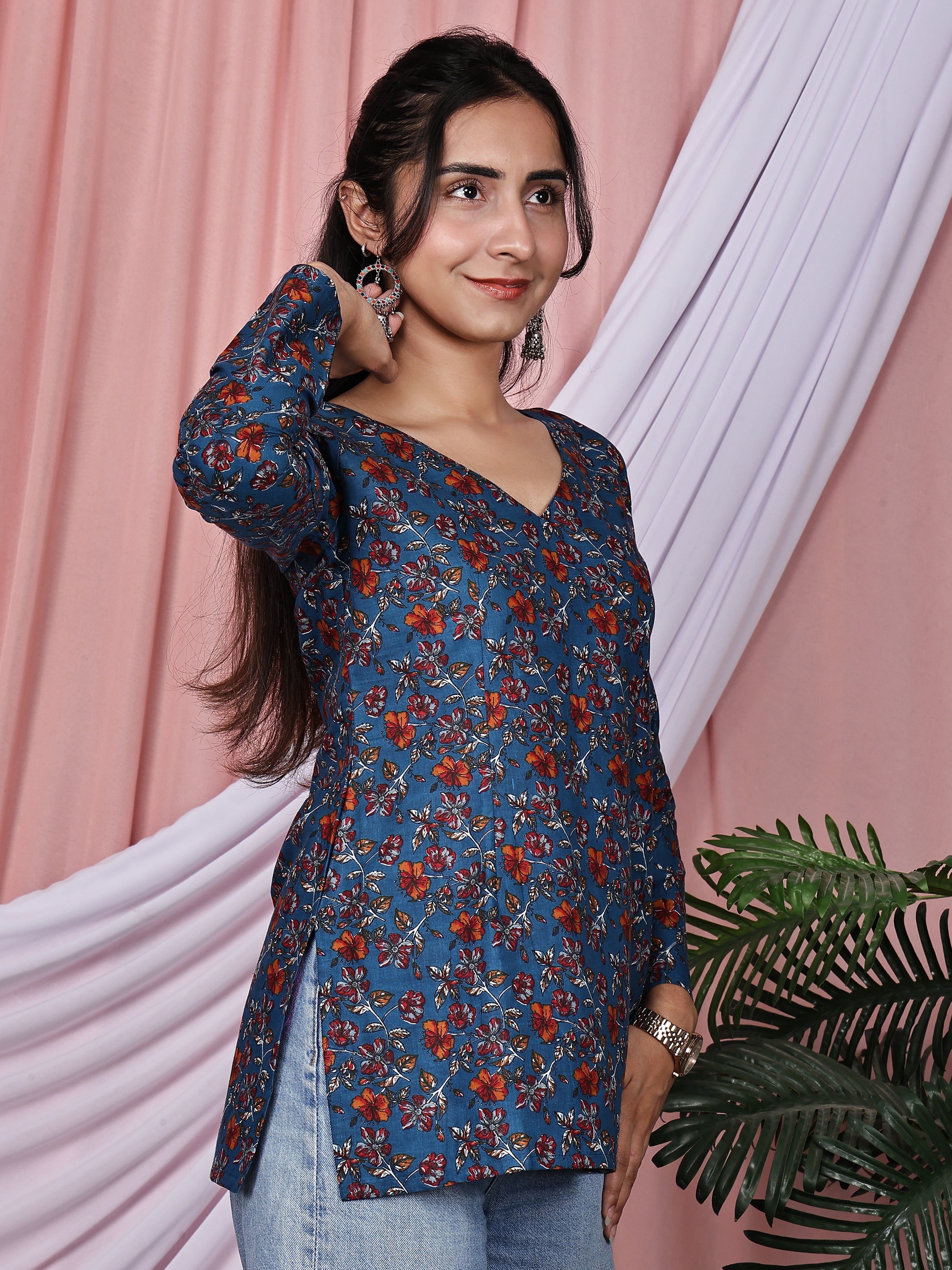 Blue & Rust Orange Floral Printed Pure Cotton Tunic