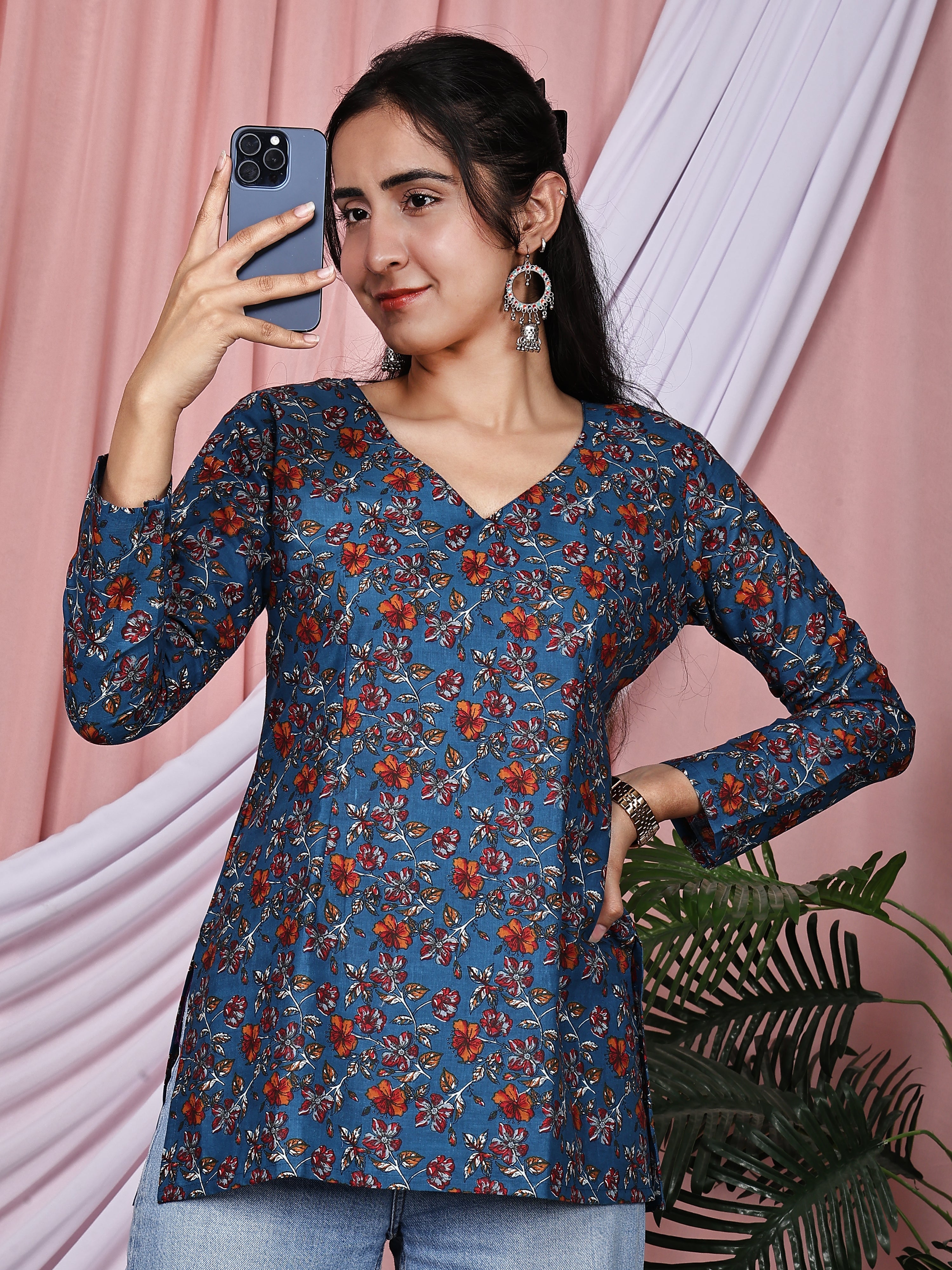 Blue & Rust Orange Floral Printed Pure Cotton Tunic