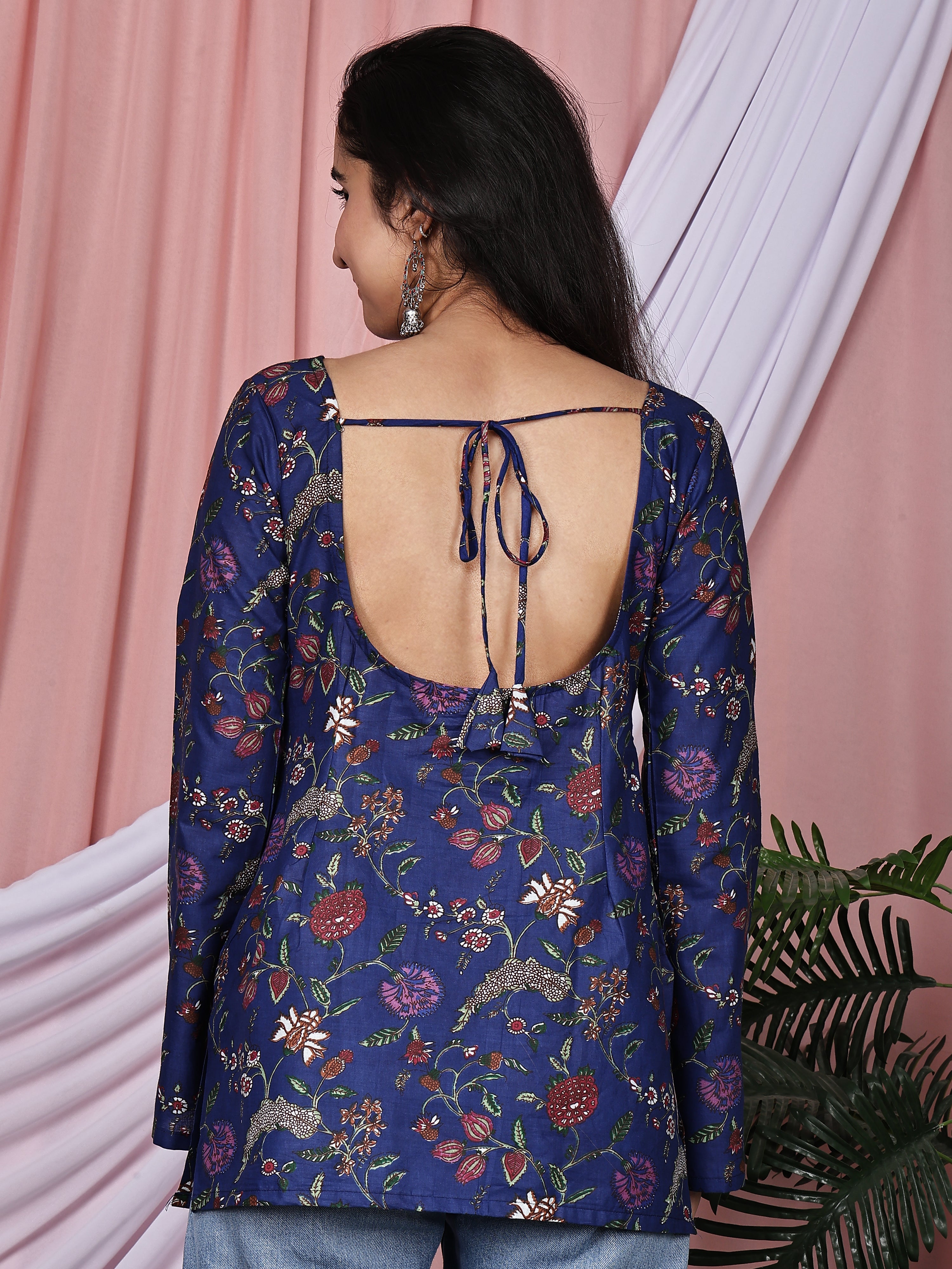 Royal Blue Floral Printed Pure Cotton Tunic