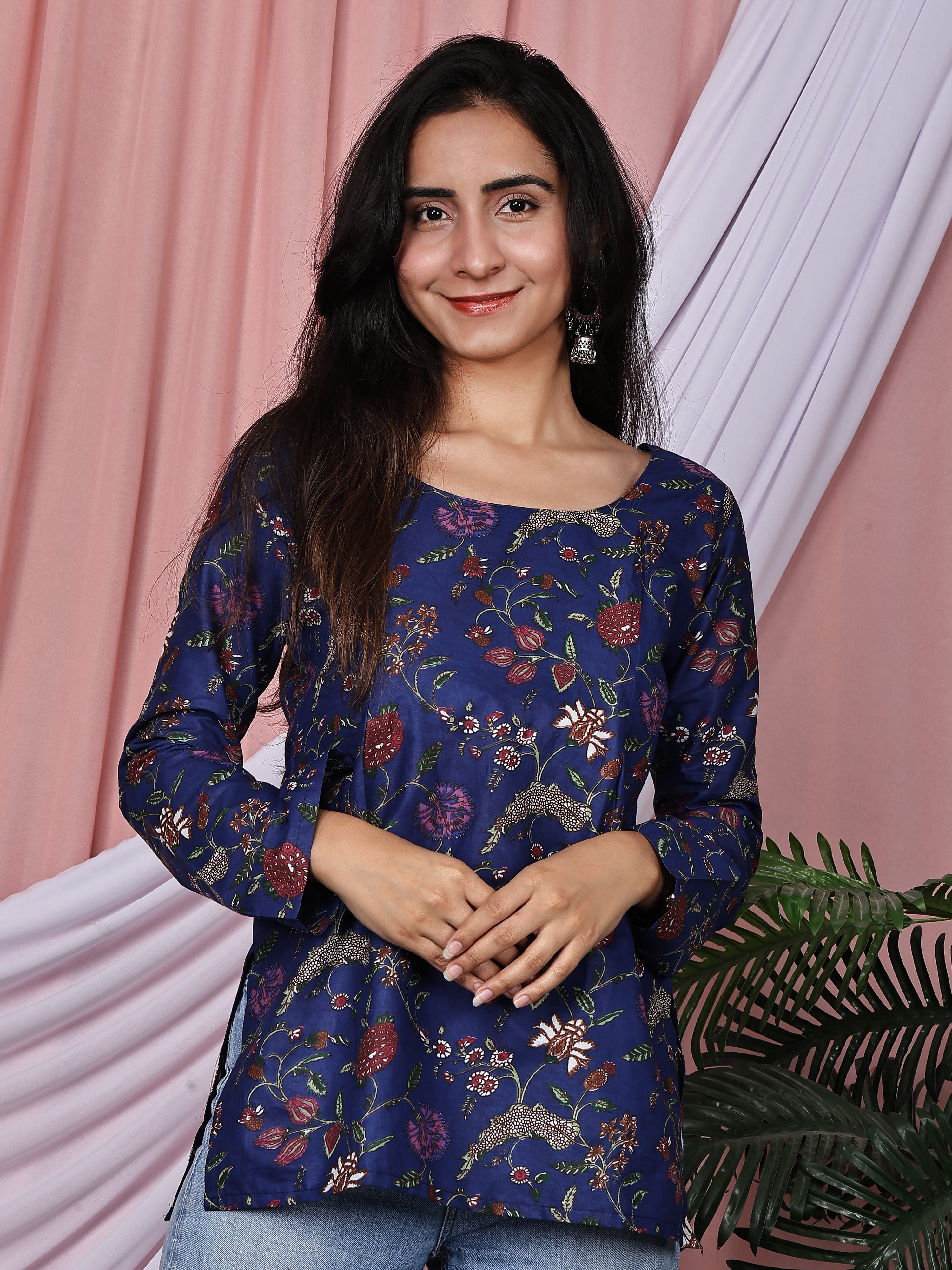 Royal Blue Floral Printed Pure Cotton Tunic