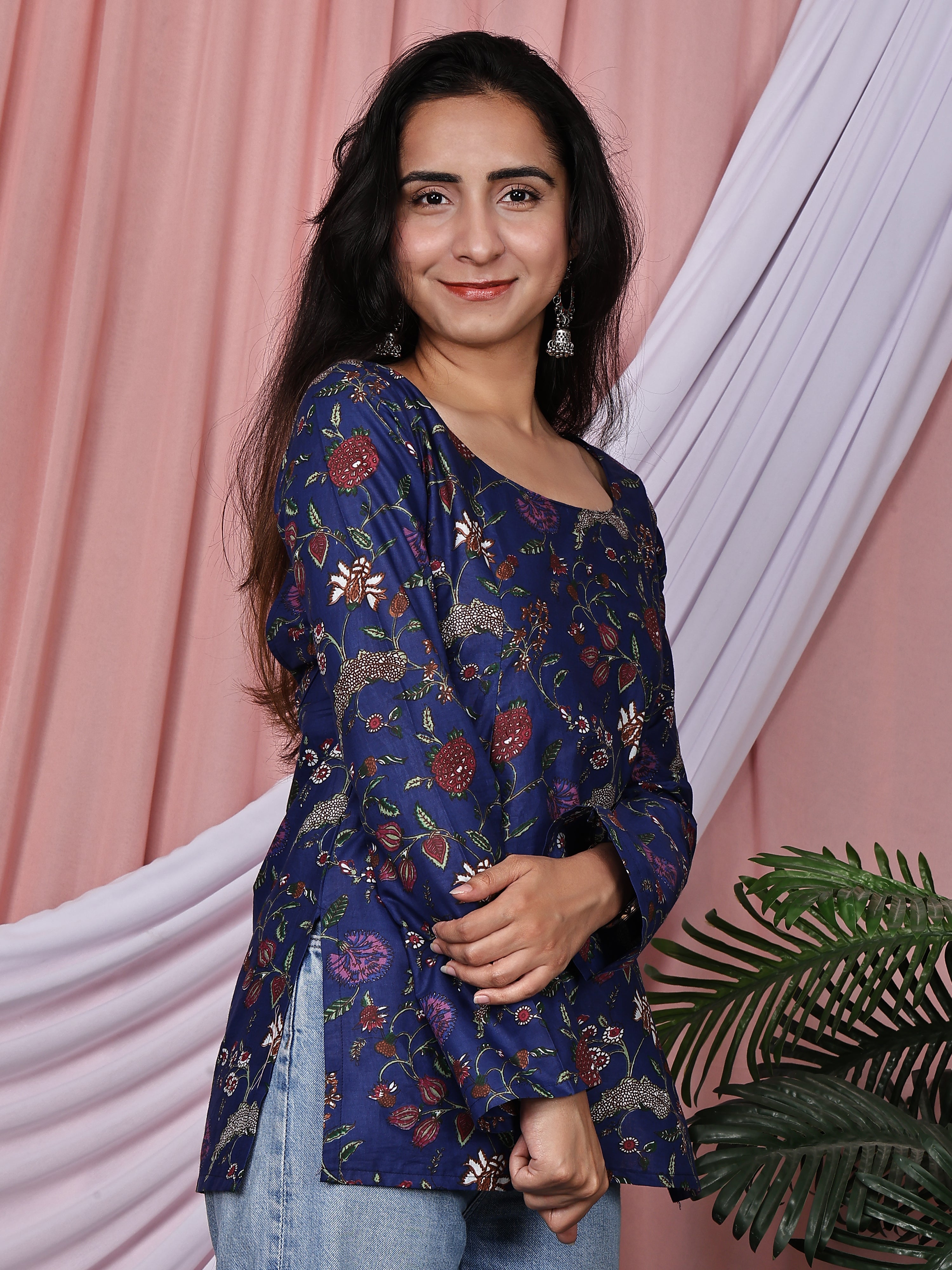 Royal Blue Floral Printed Pure Cotton Tunic
