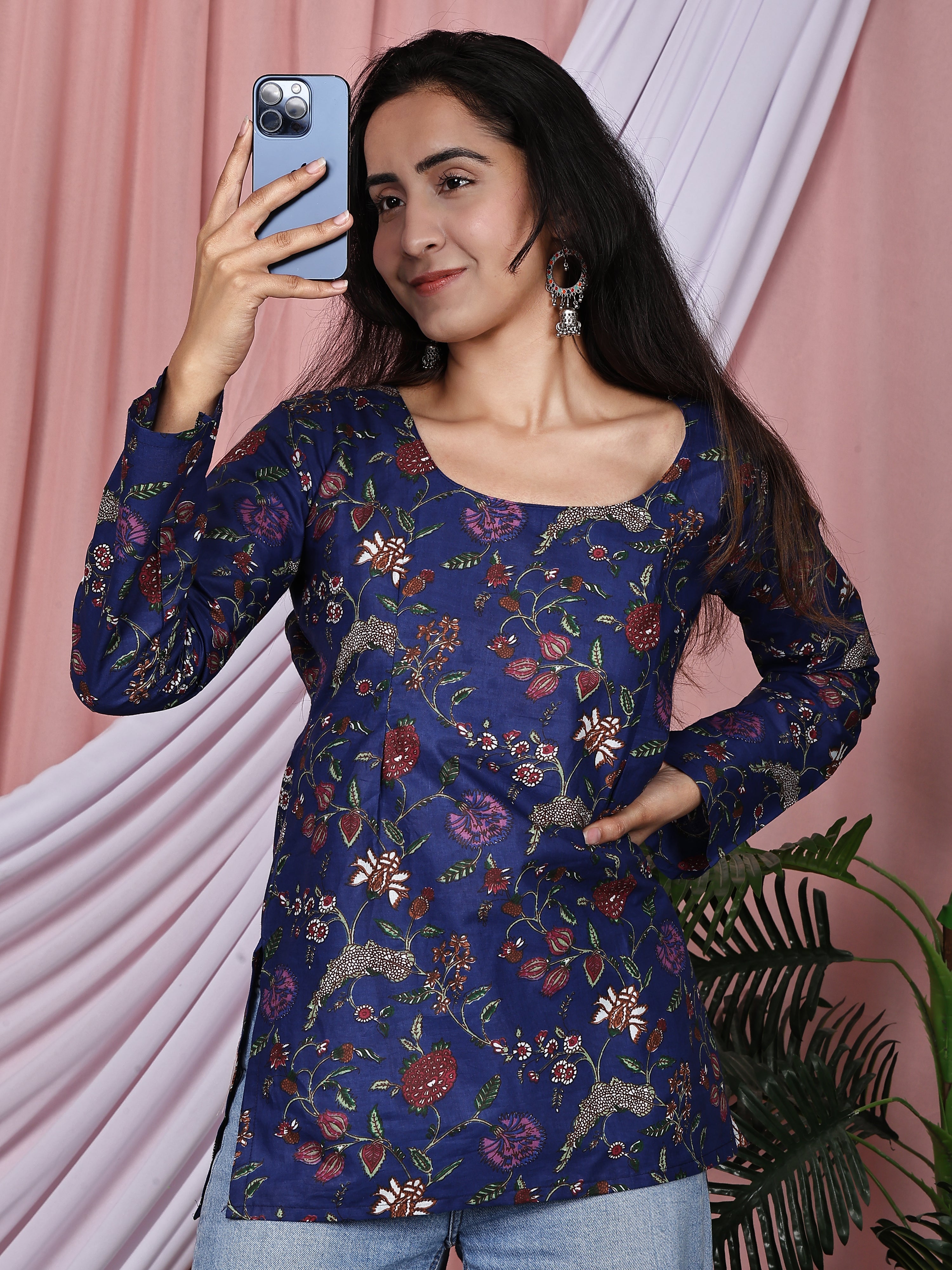 Royal Blue Floral Printed Pure Cotton Tunic
