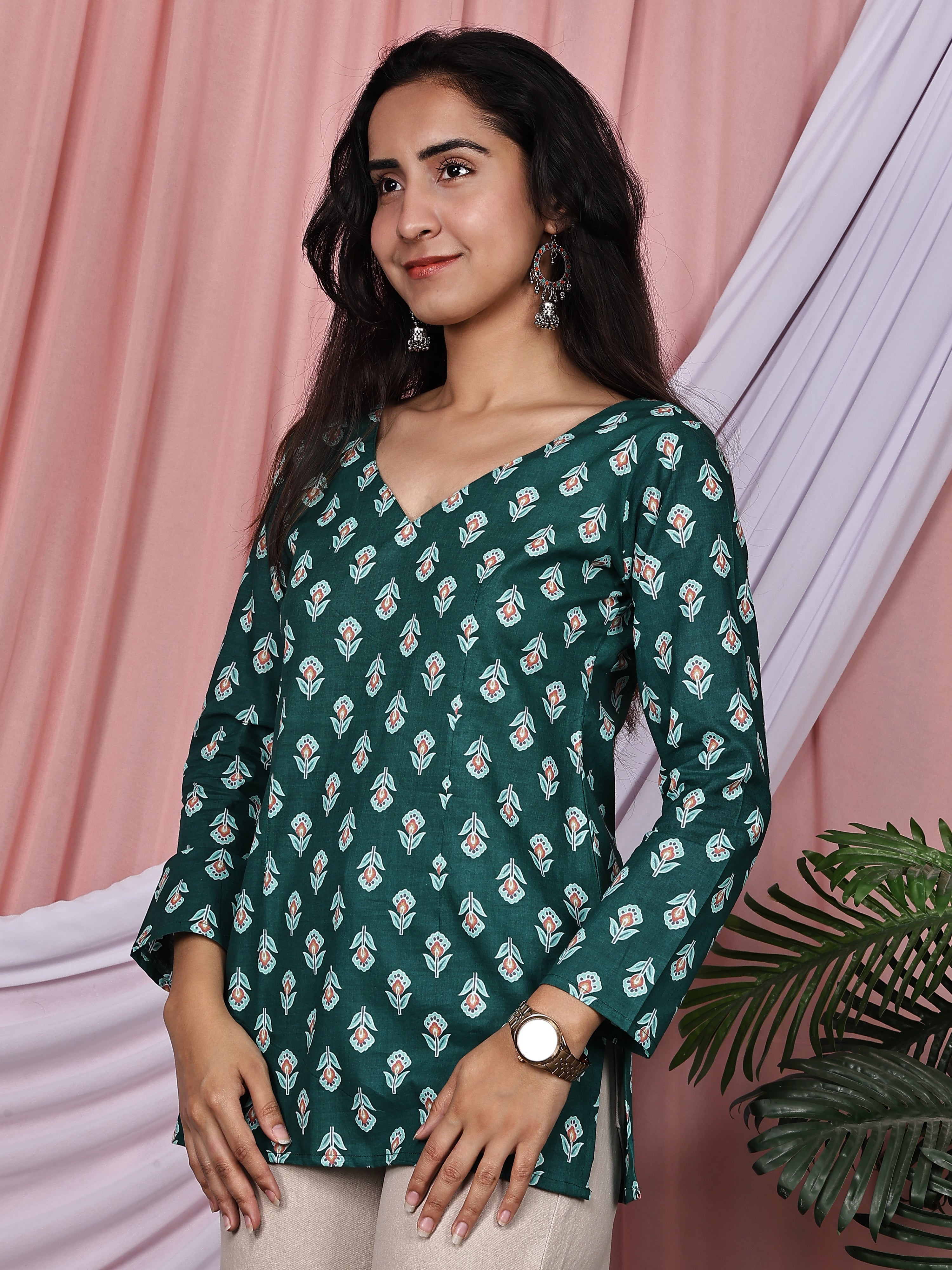 Bottle Green Floral Printed Pure Cotton V-Neck Tunic