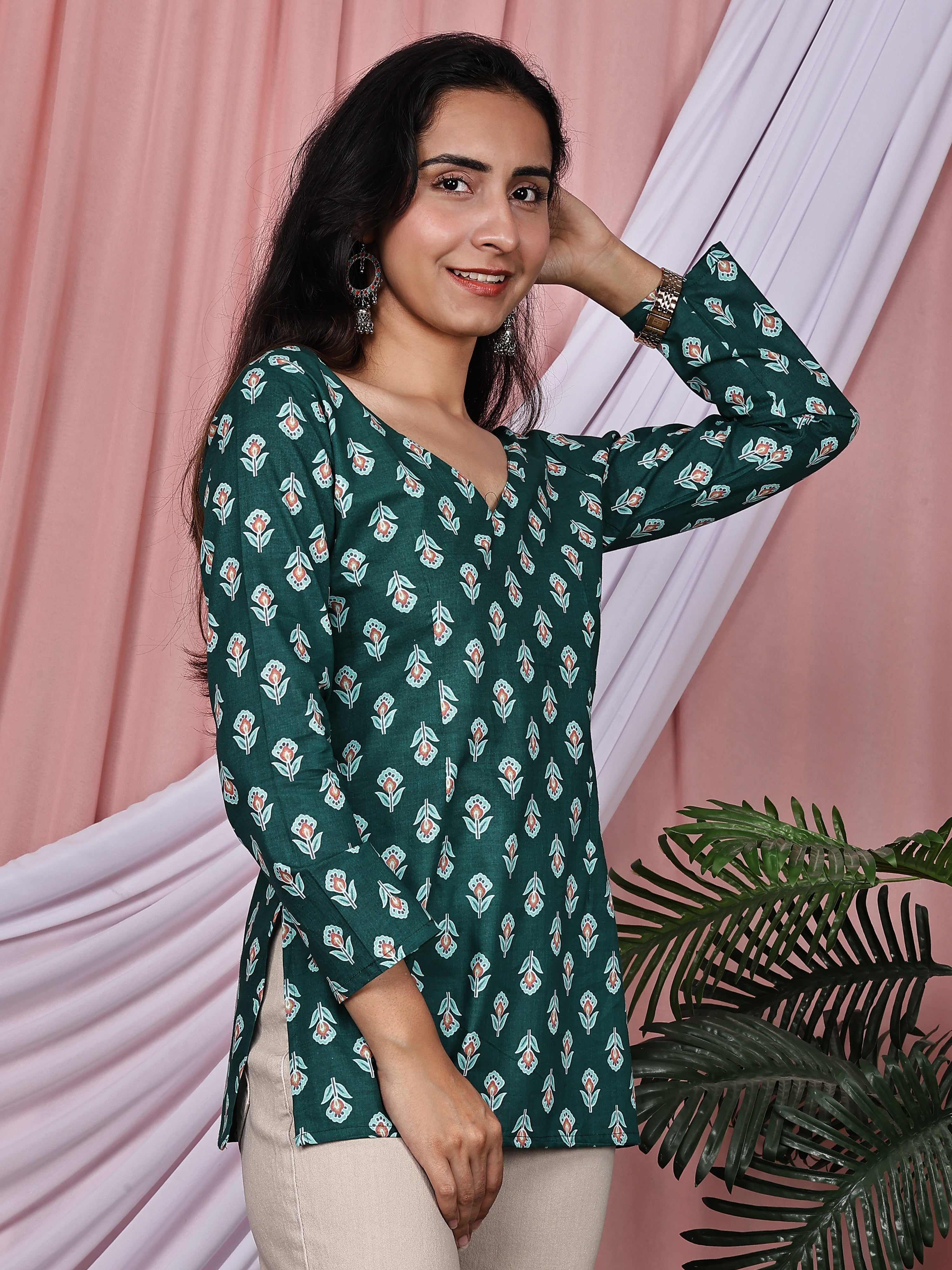 Bottle Green Floral Printed Pure Cotton V-Neck Tunic