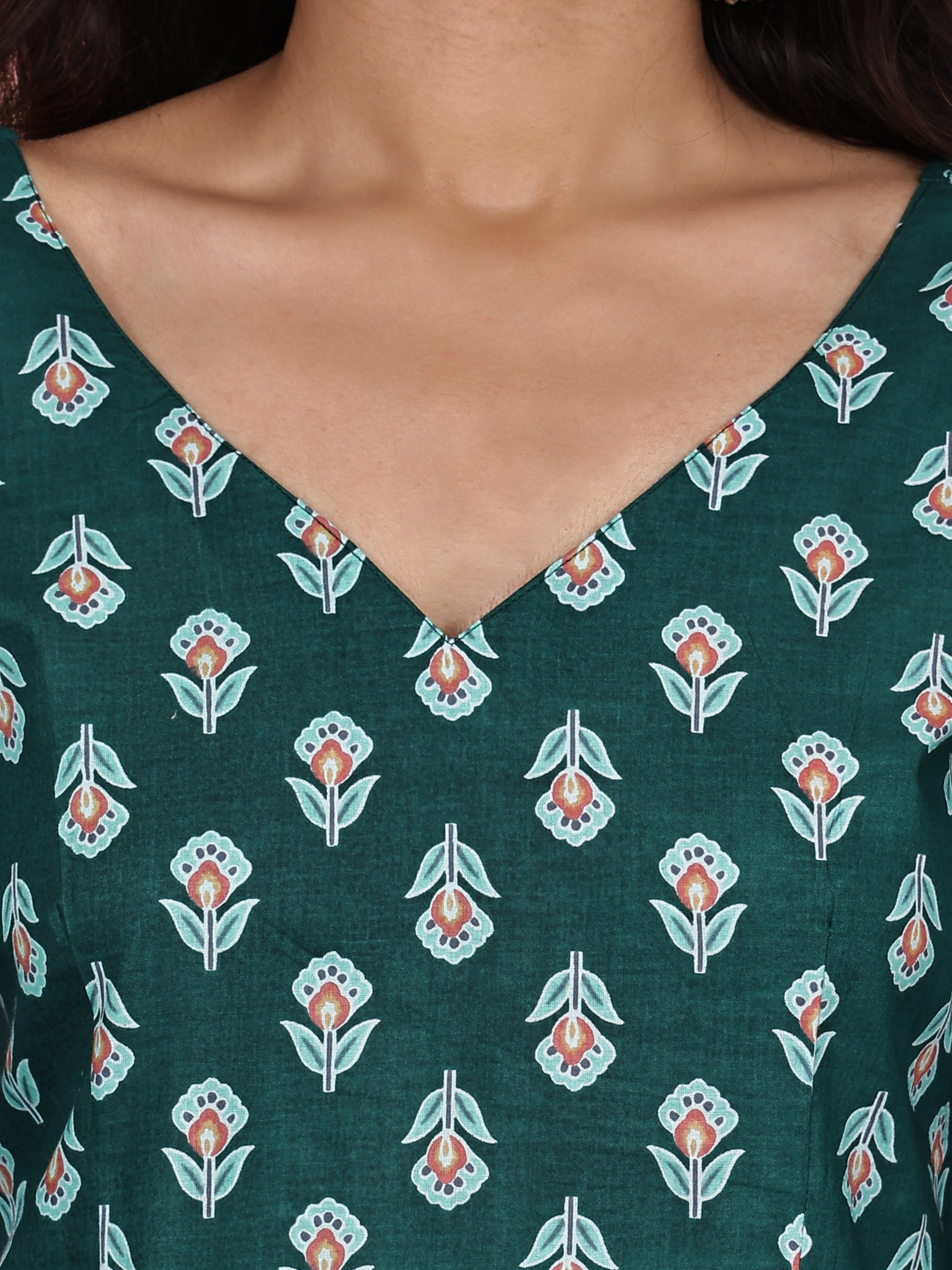 Bottle Green Floral Printed Pure Cotton V-Neck Tunic