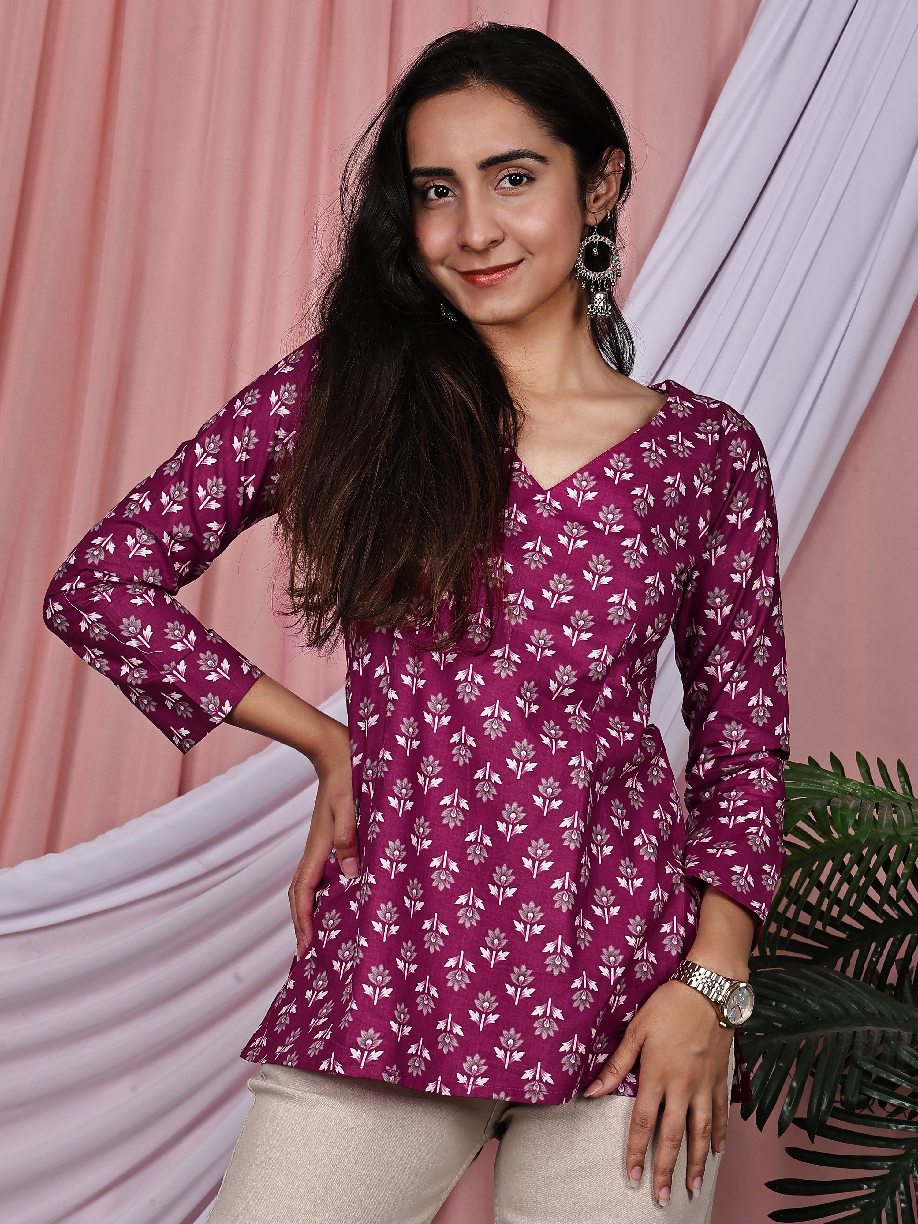Purple Floral Buti Printed Pure Cotton V-Neck Tunic