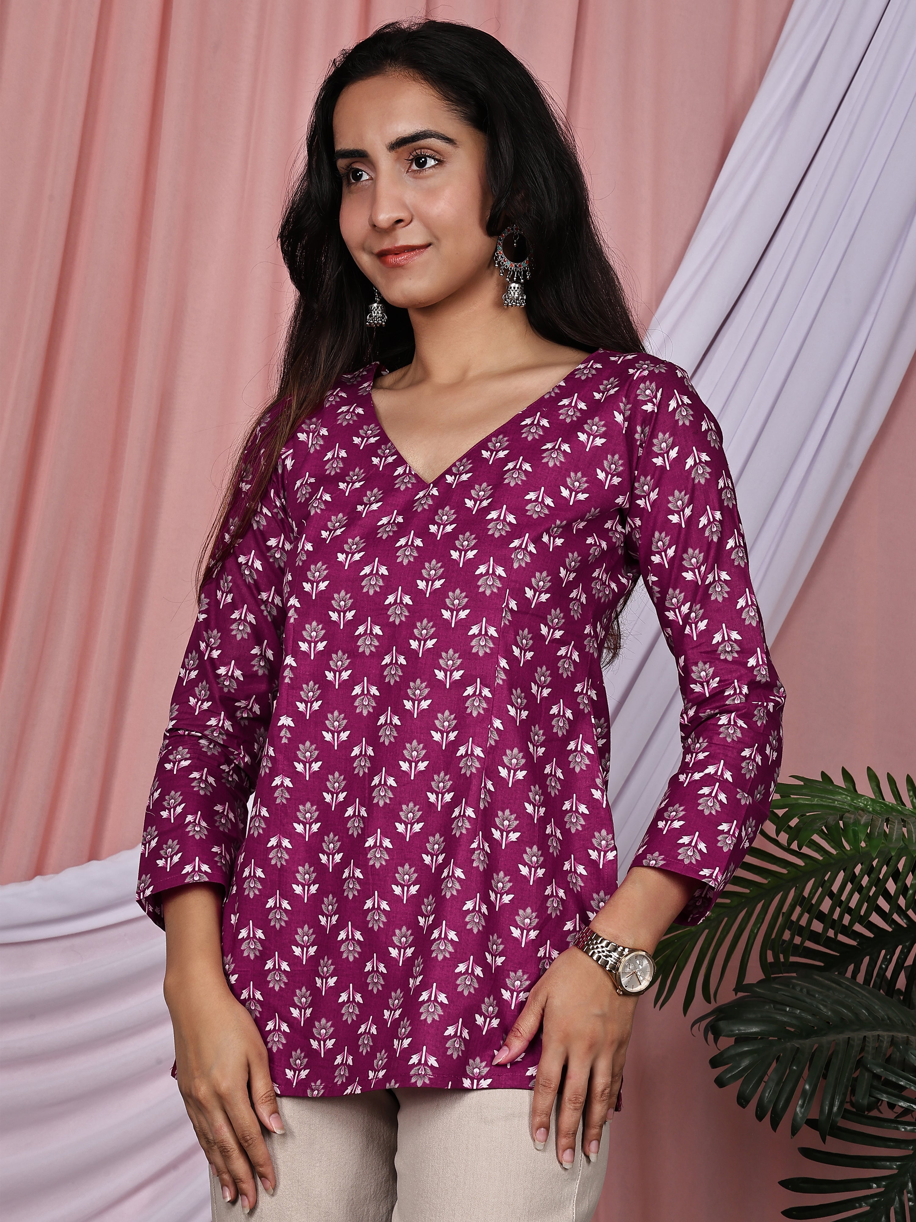 Purple Floral Buti Printed Pure Cotton V-Neck Tunic
