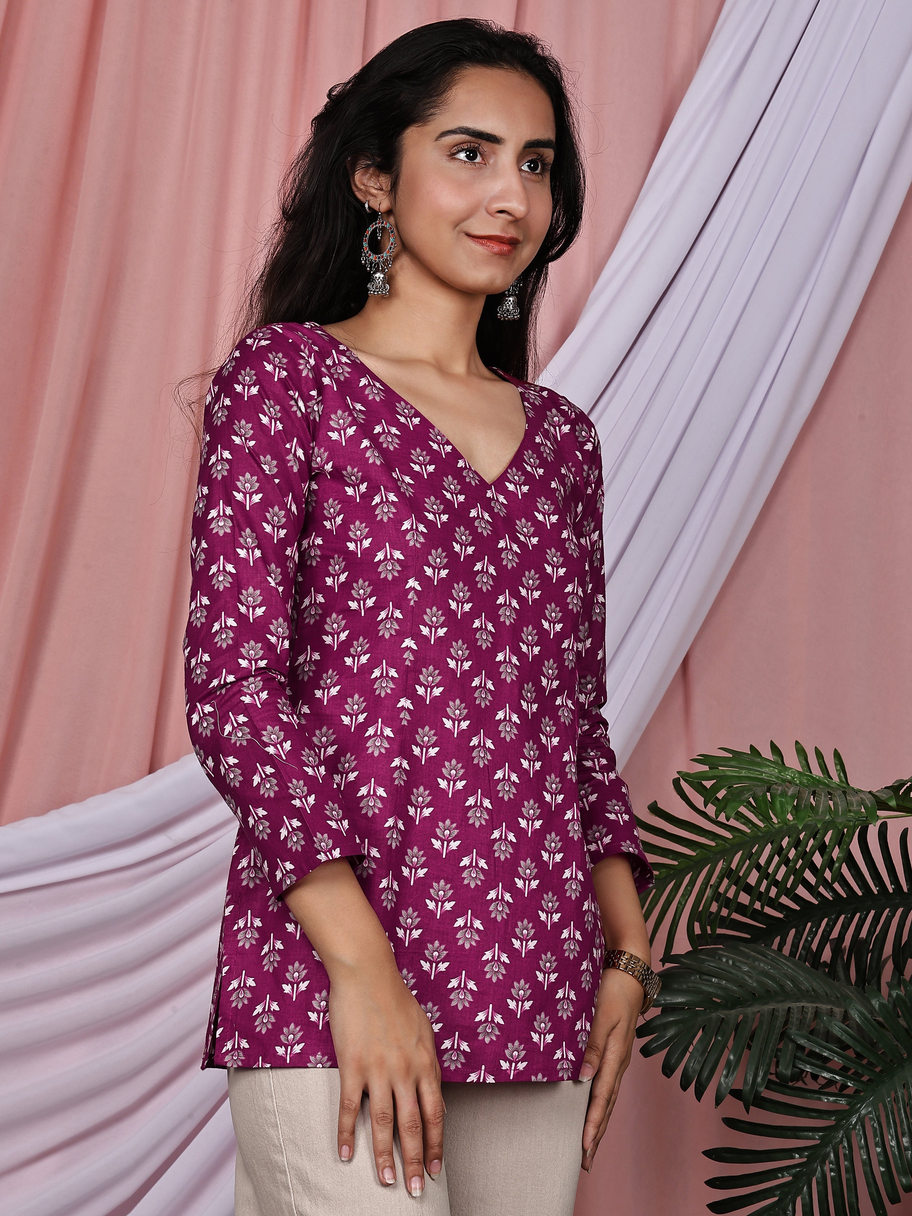 Purple Floral Buti Printed Pure Cotton V-Neck Tunic
