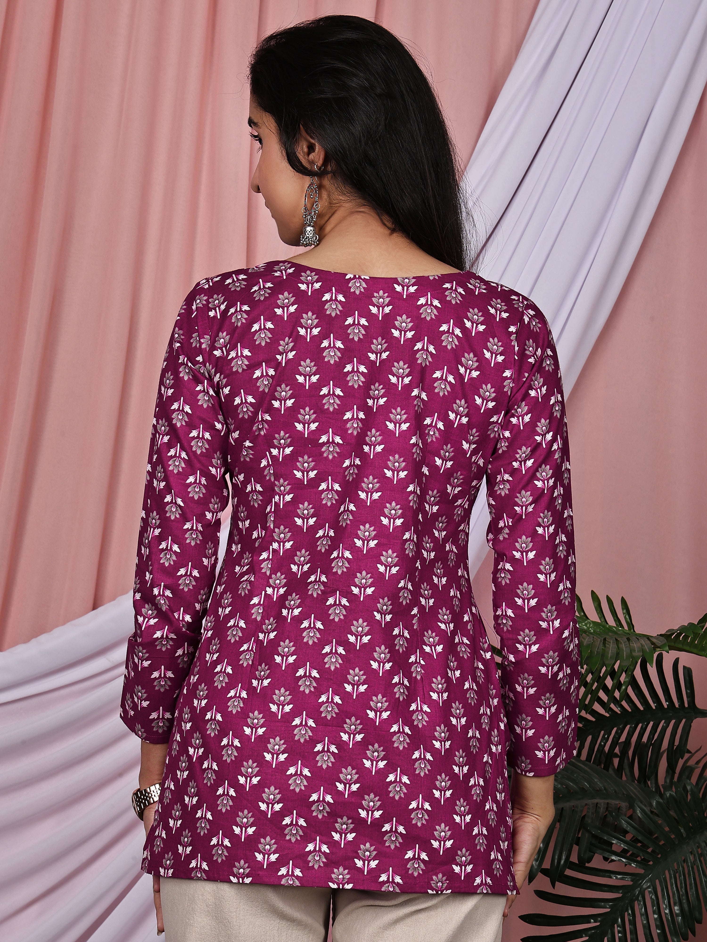 Purple Floral Buti Printed Pure Cotton V-Neck Tunic