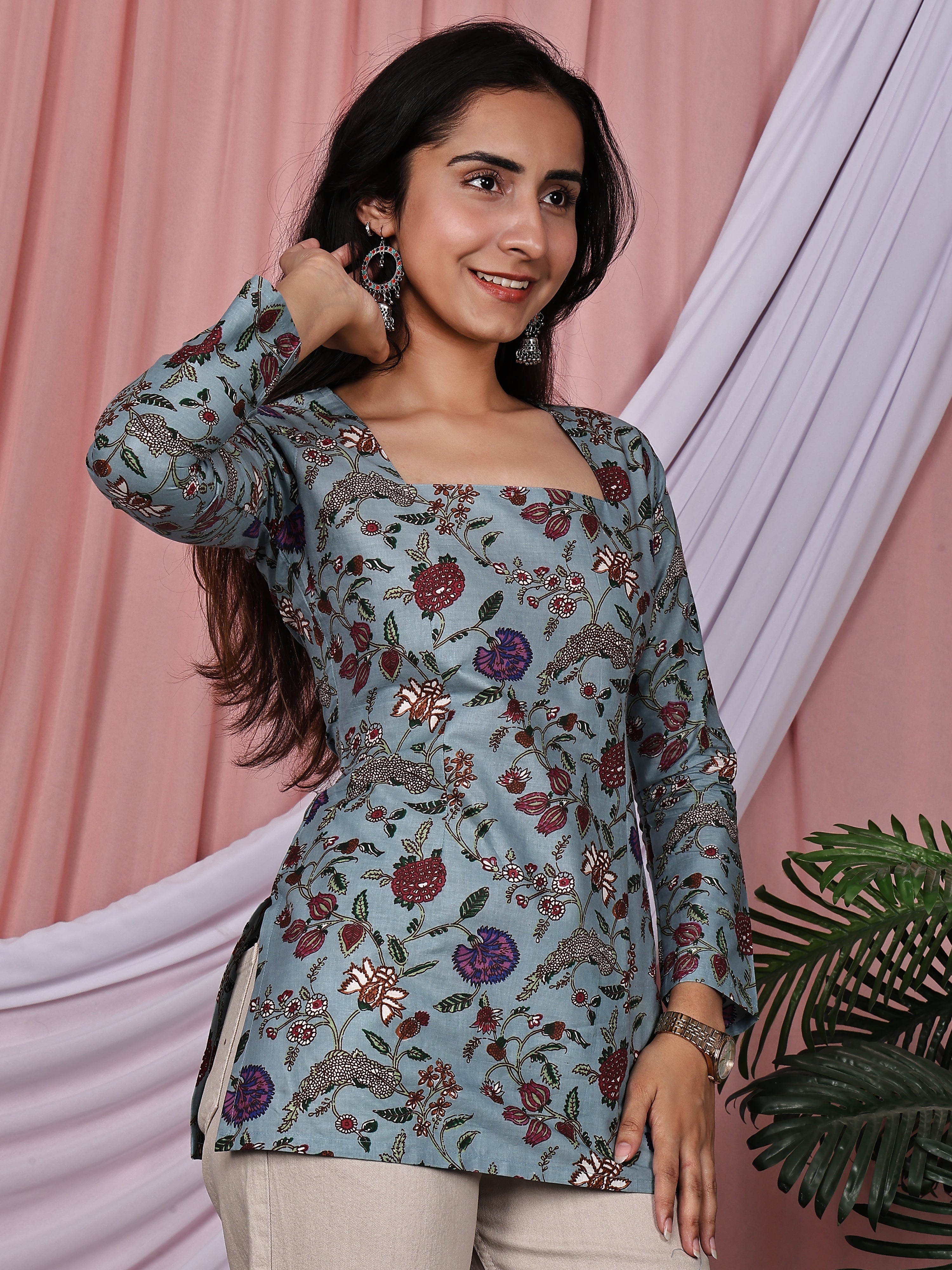 Sea Green Floral Printed Cotton Tunic