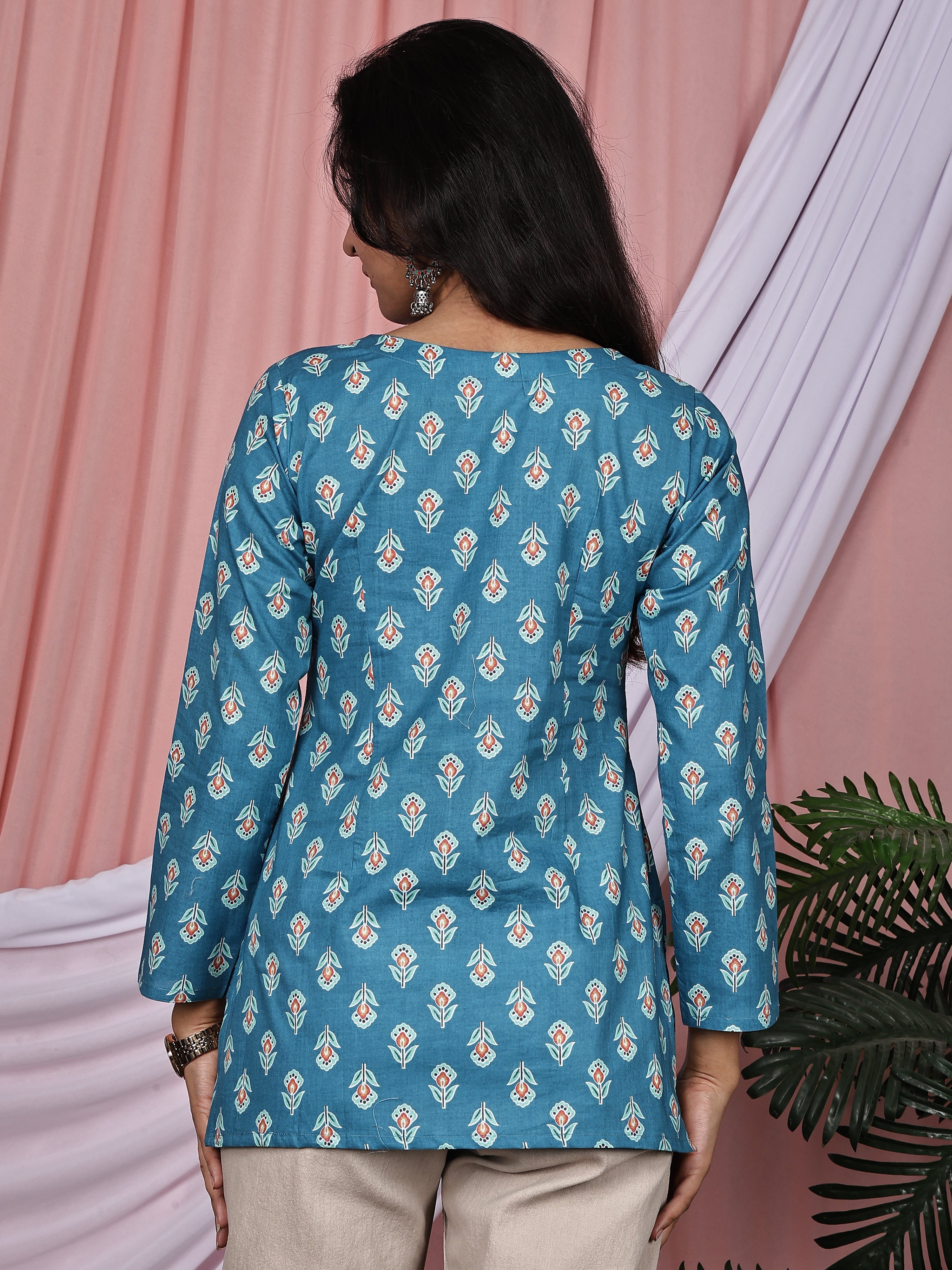 Teal Blue & Orange Floral Printed Pure Cotton V-Neck Tunic