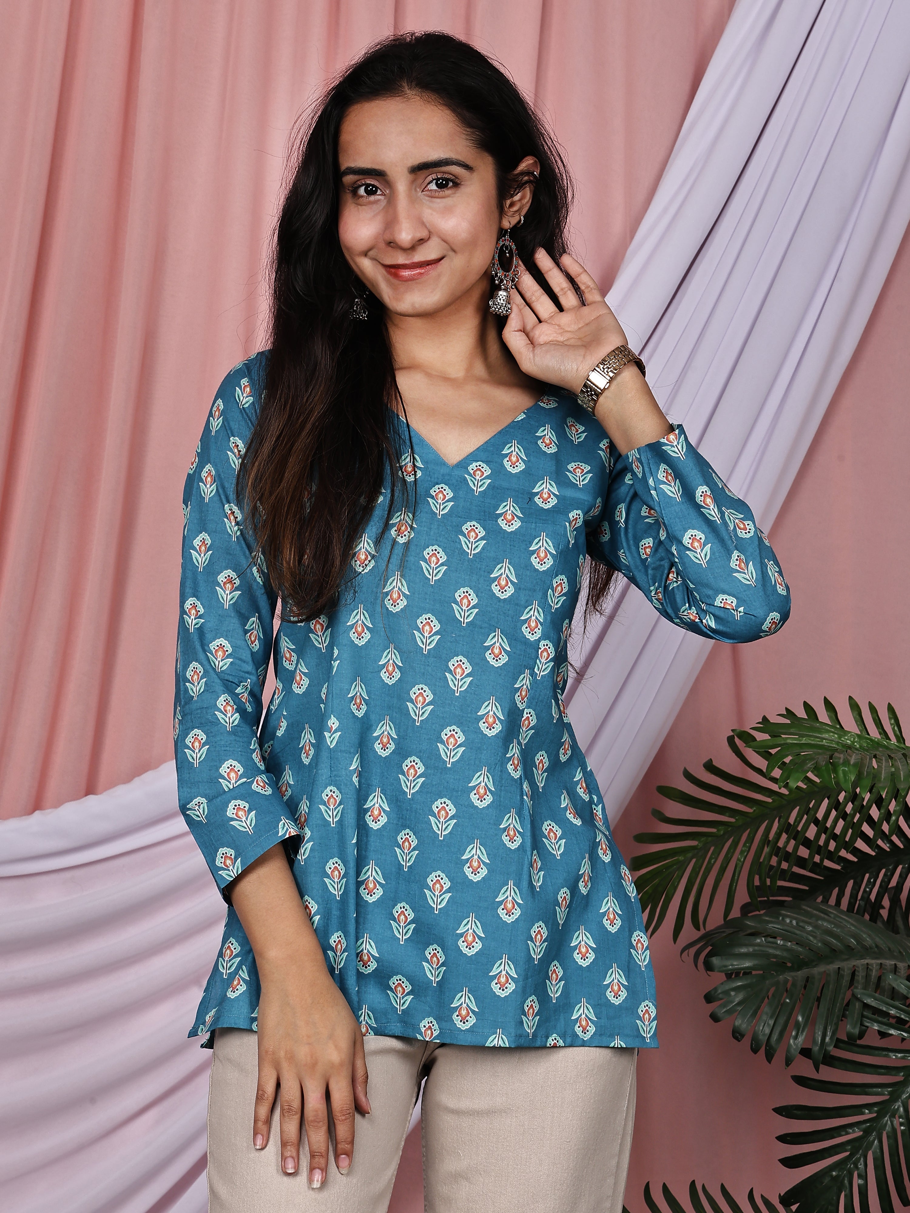 Teal Blue & Orange Floral Printed Pure Cotton V-Neck Tunic
