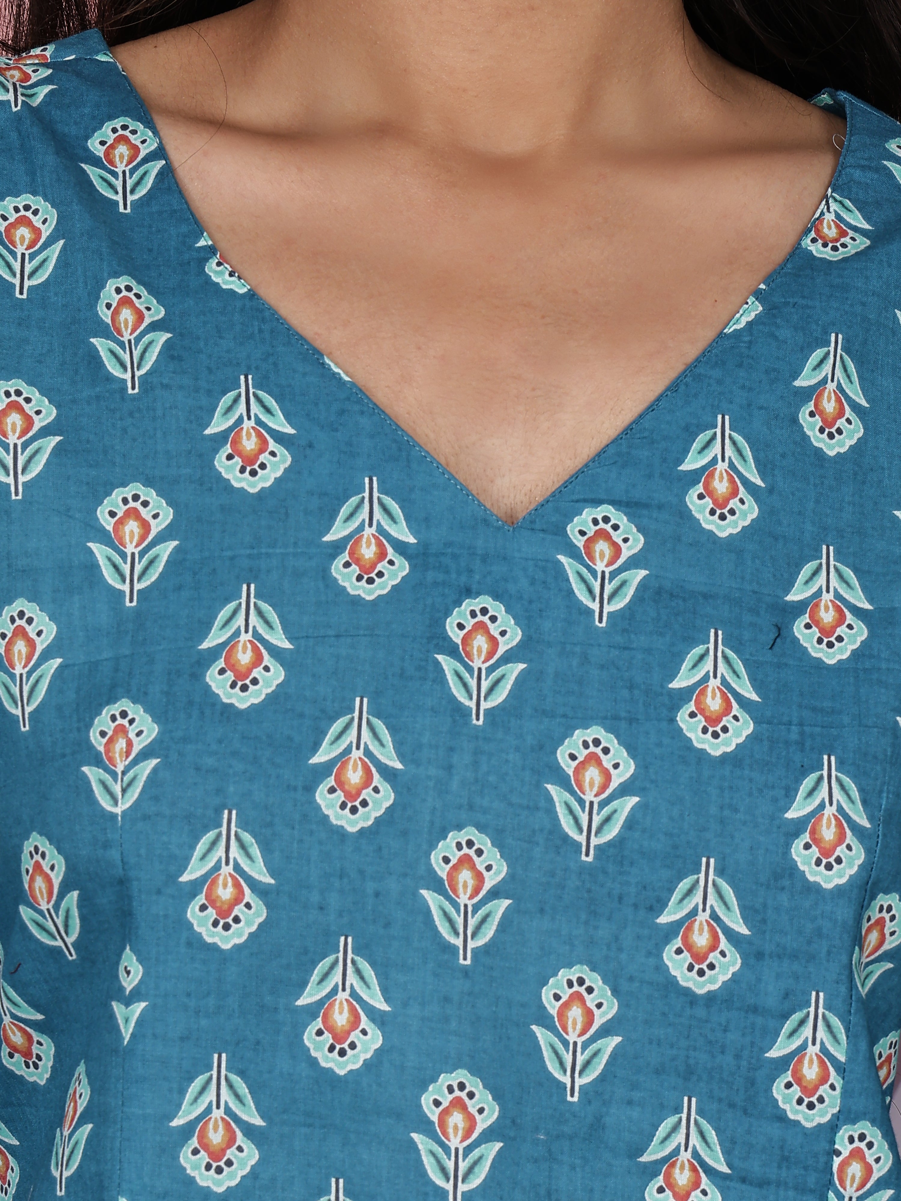 Teal Blue & Orange Floral Printed Pure Cotton V-Neck Tunic
