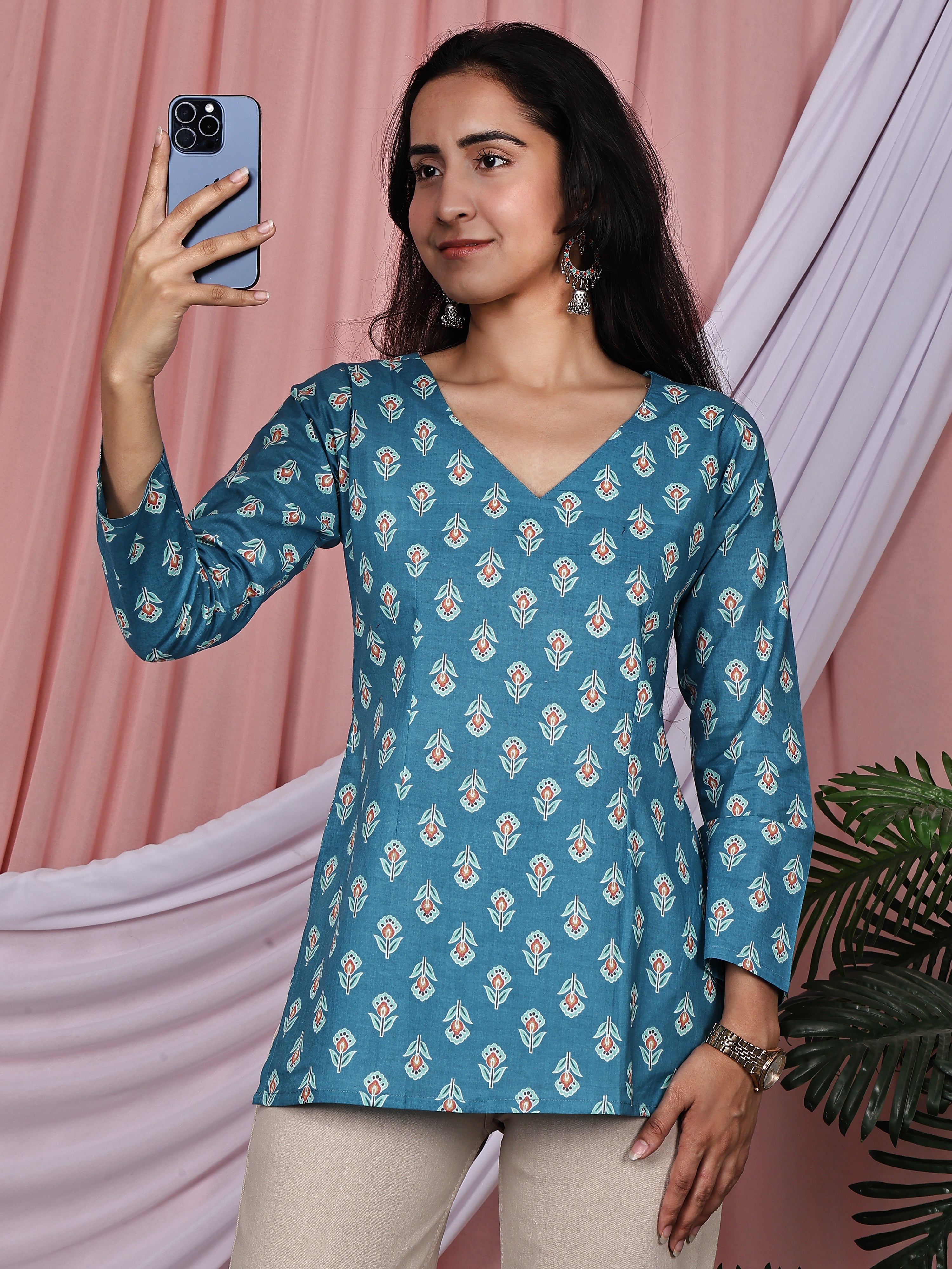 Teal Blue & Orange Floral Printed Pure Cotton V-Neck Tunic