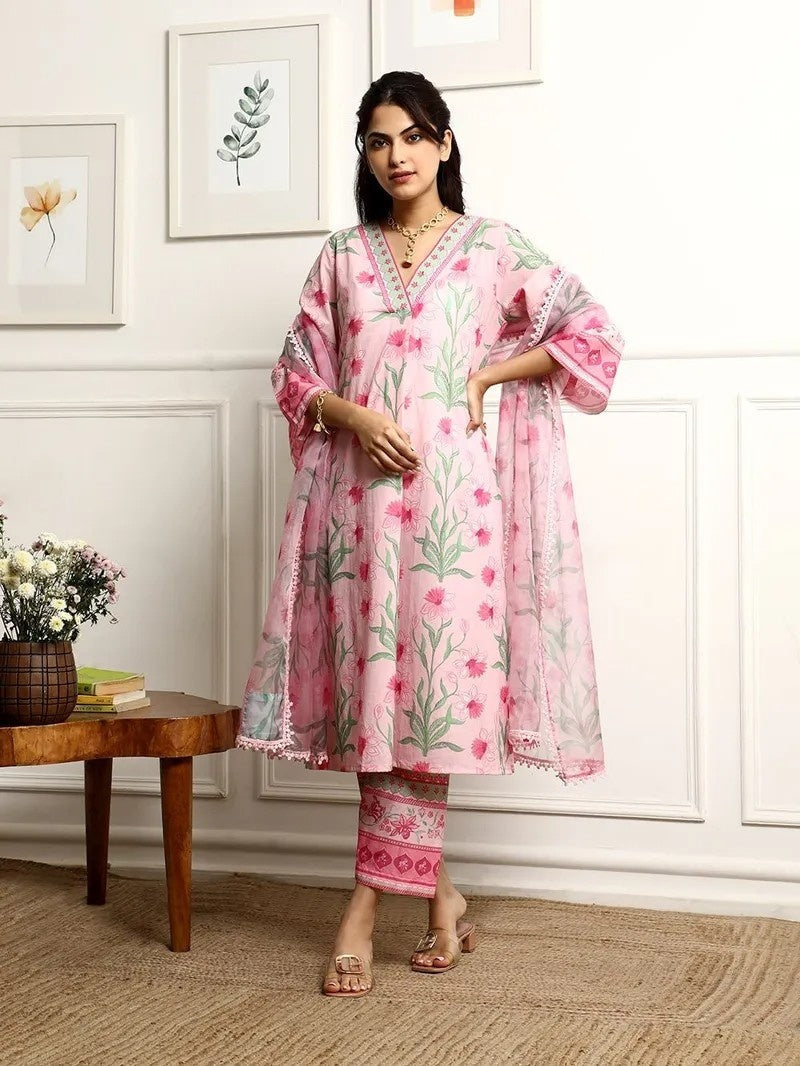 Women Floral Printed V-Neck Kurta with Trousers & Dupatta