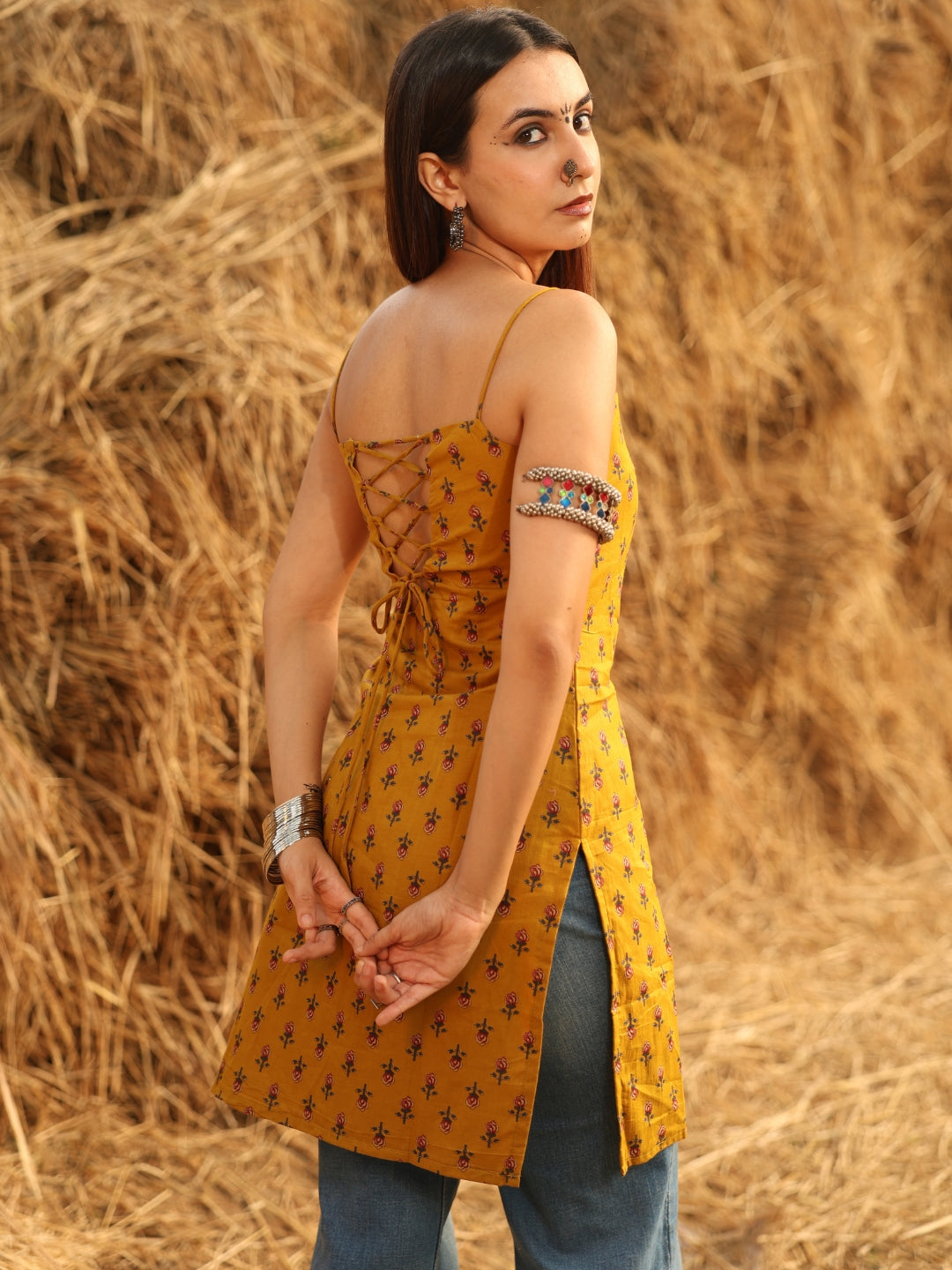 Mustard  Noodle Strap Corset Kurti NISHORAMA