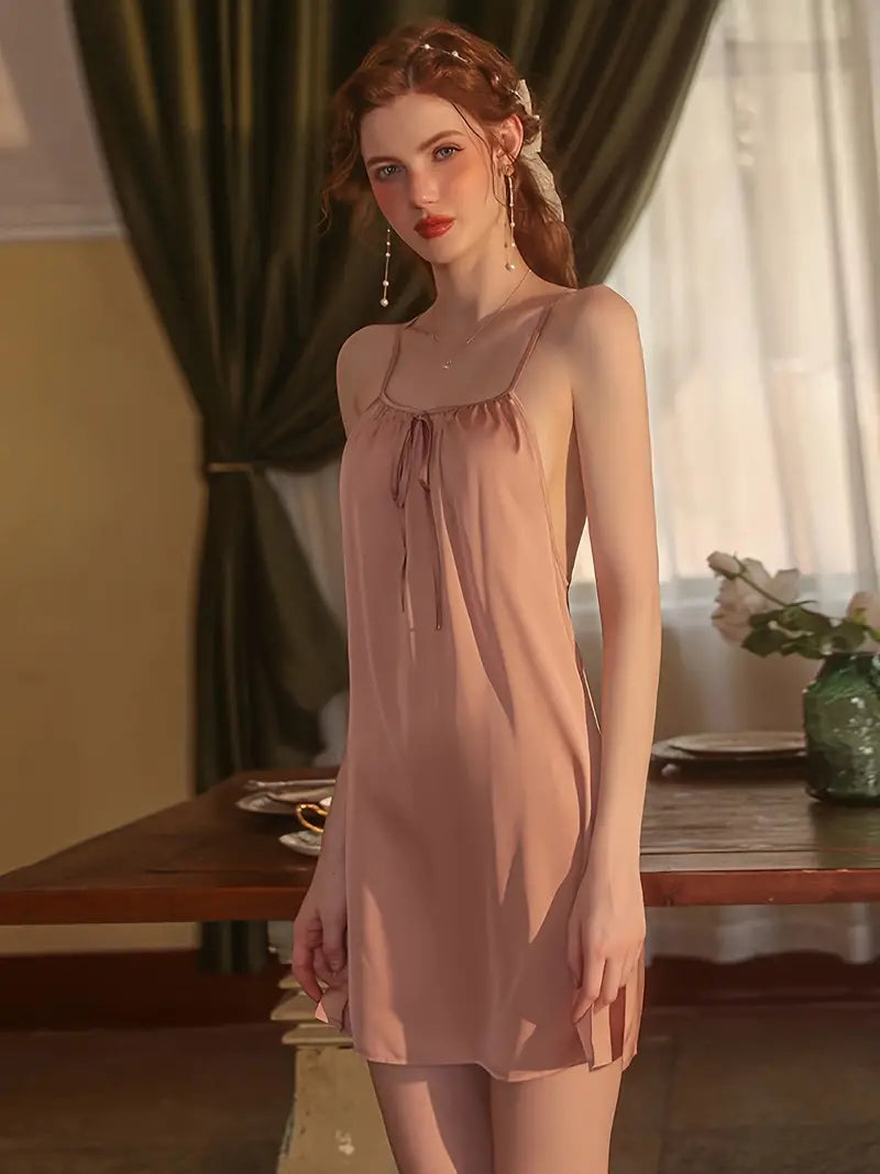 Tie Front Round Neck Criss Cross Backless Slip Dress Marquisa