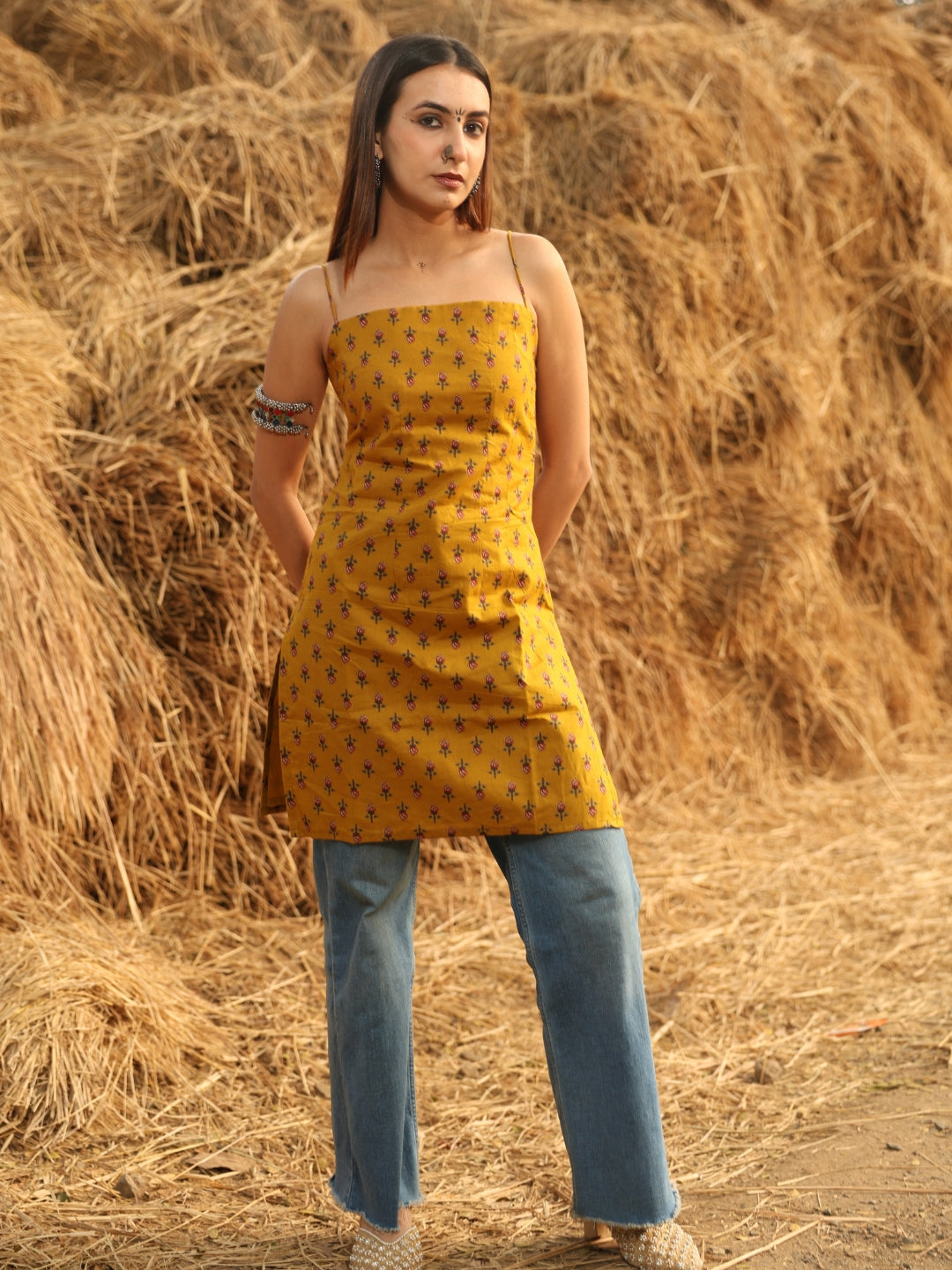 Mustard  Noodle Strap Corset Kurti NISHORAMA