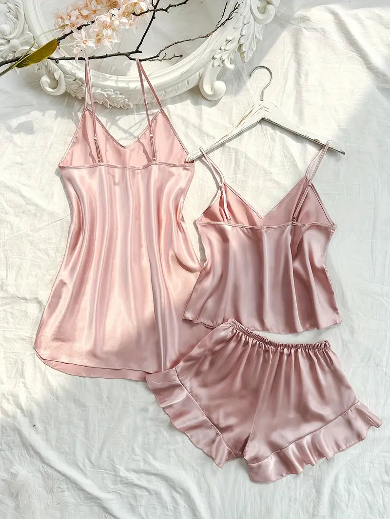 V Neck one piece with Cami Top & Shorts Sleep dress, pajama set 3 pcs